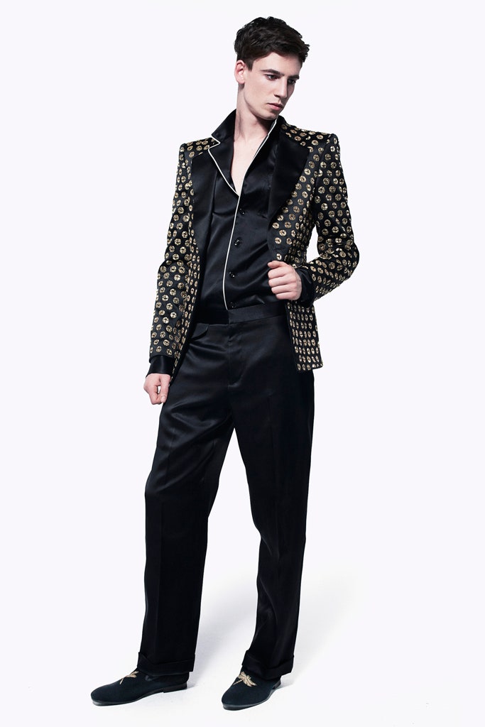 black and gold embroidered blazer with tailored pants