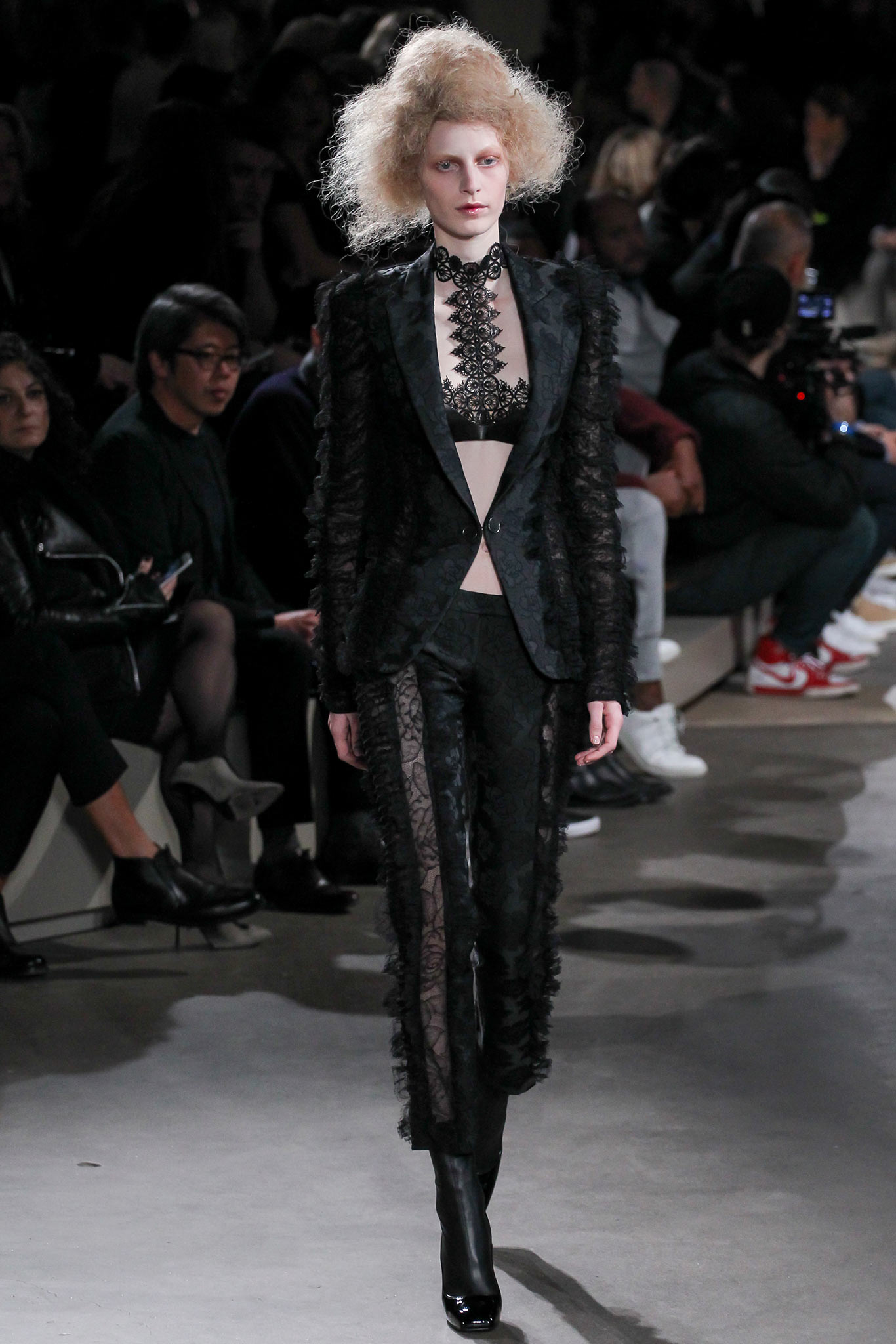 black lace long-sleeve fitted straight-leg pants