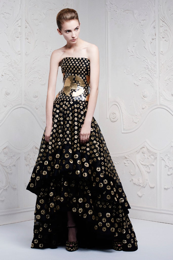 black and gold strapless gown