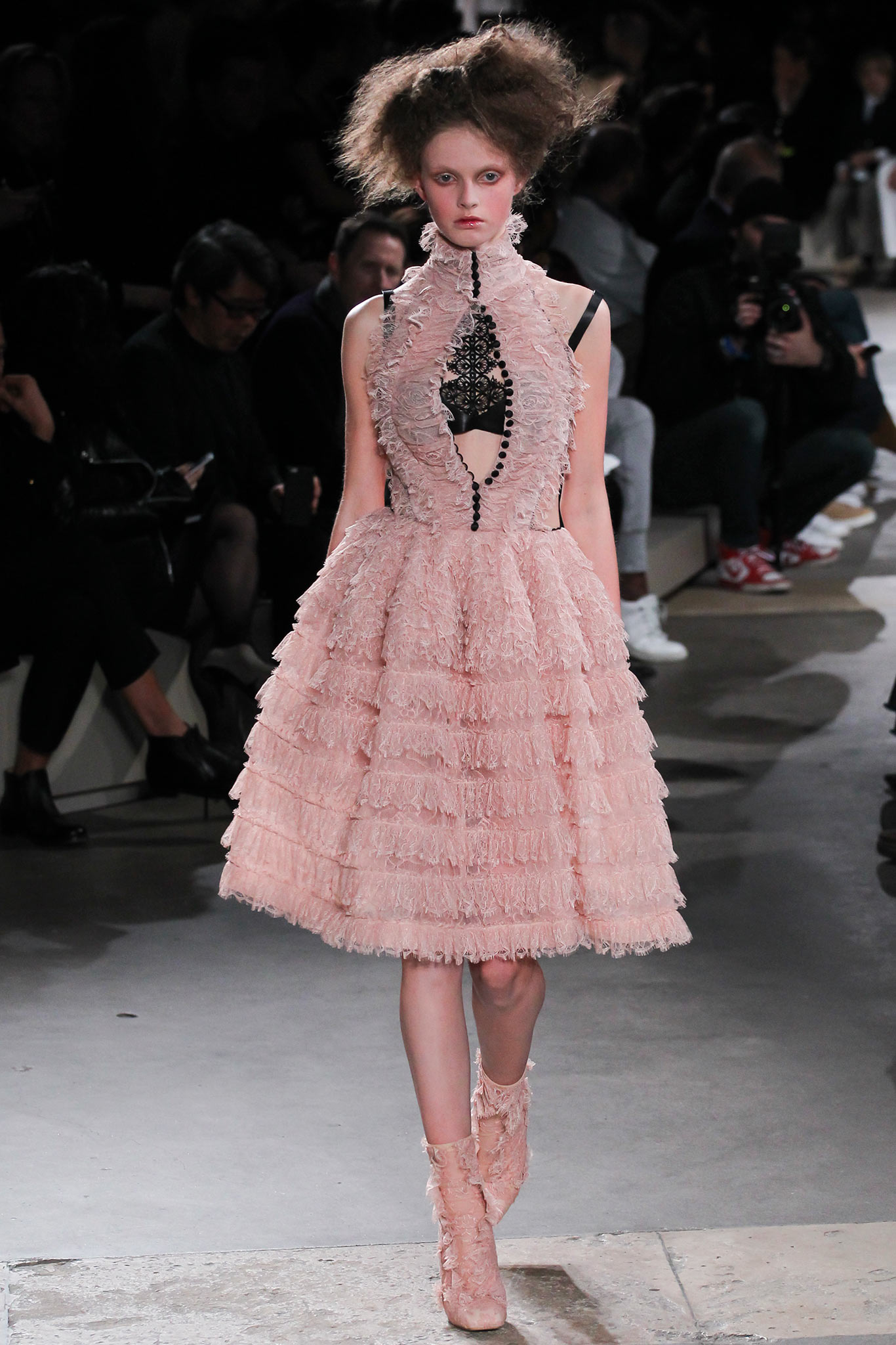 pink silk sleeveless high-neck fitted ruffled tiered dress