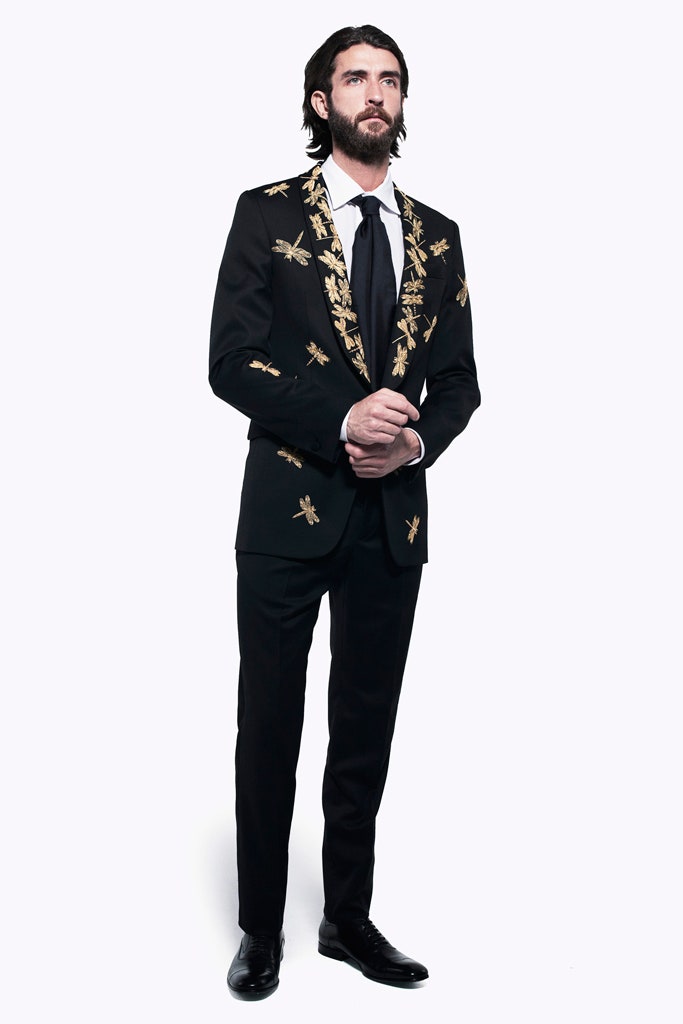 black tailored suit with embroidery