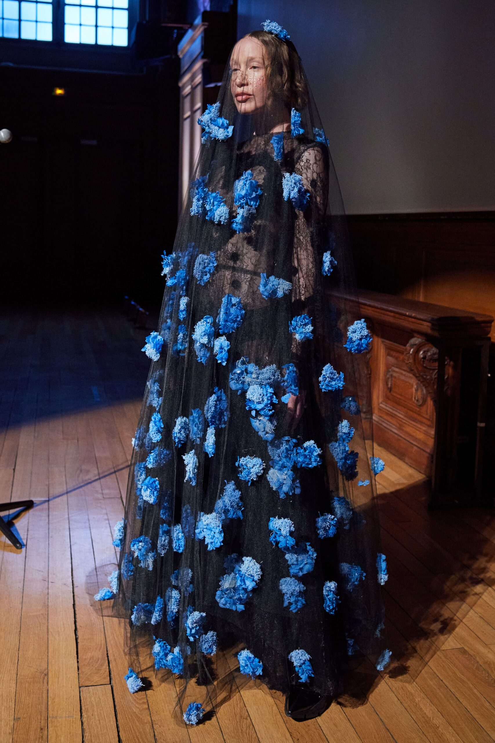 black tulle gown with floral embellishments
