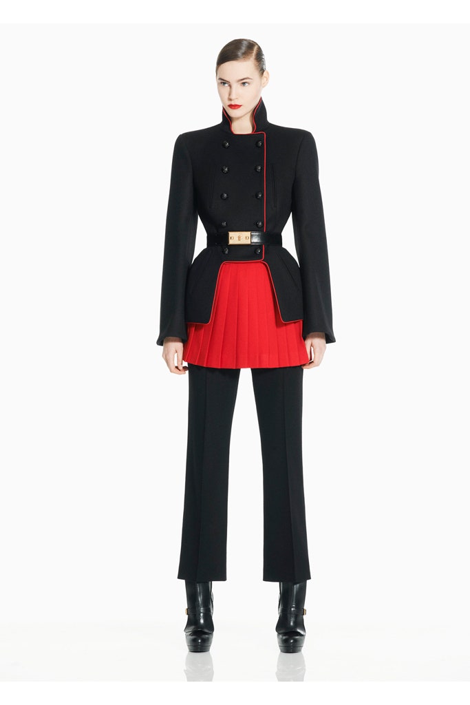 black wool jacket red pleated skirt