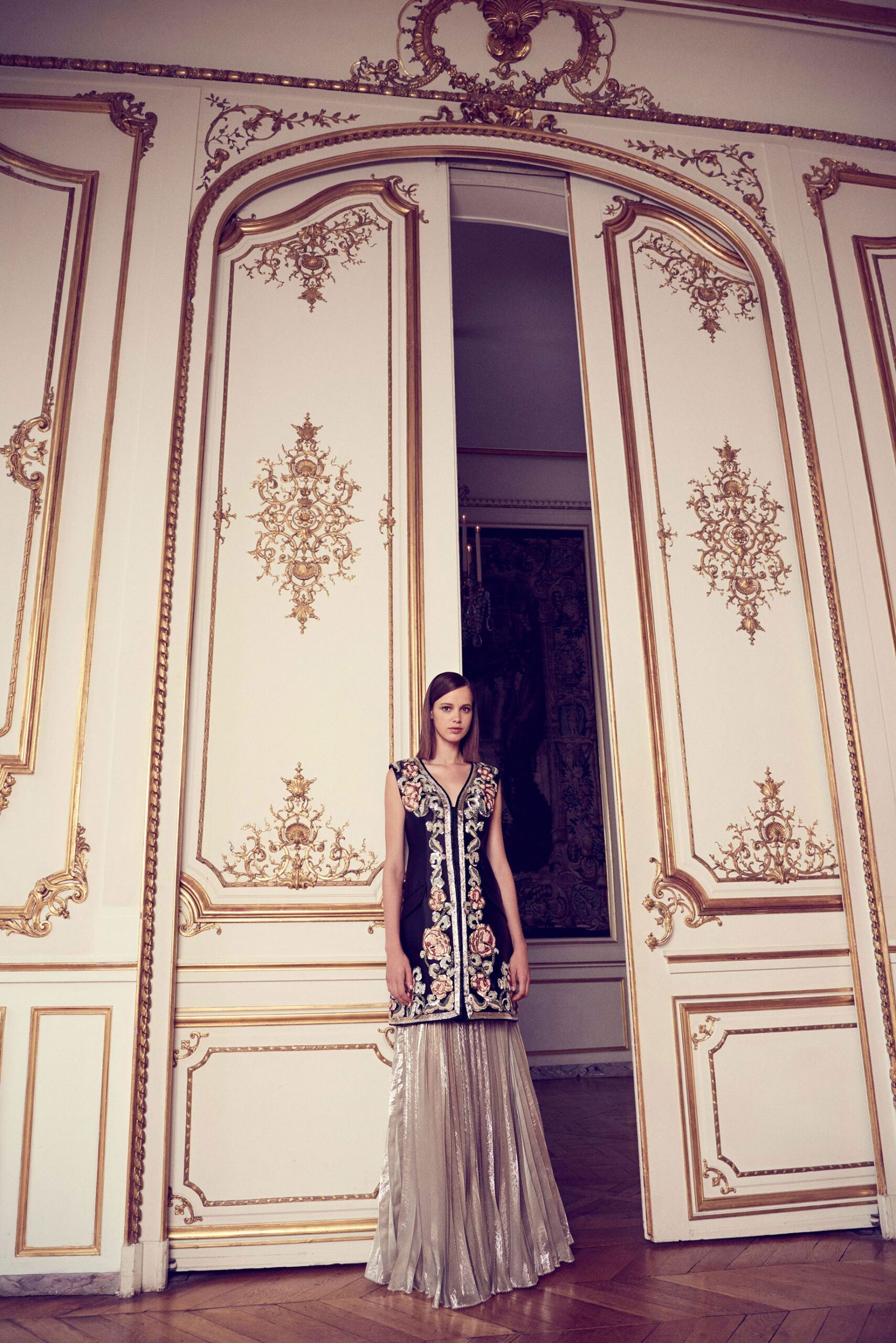 black and gold embroidered gown