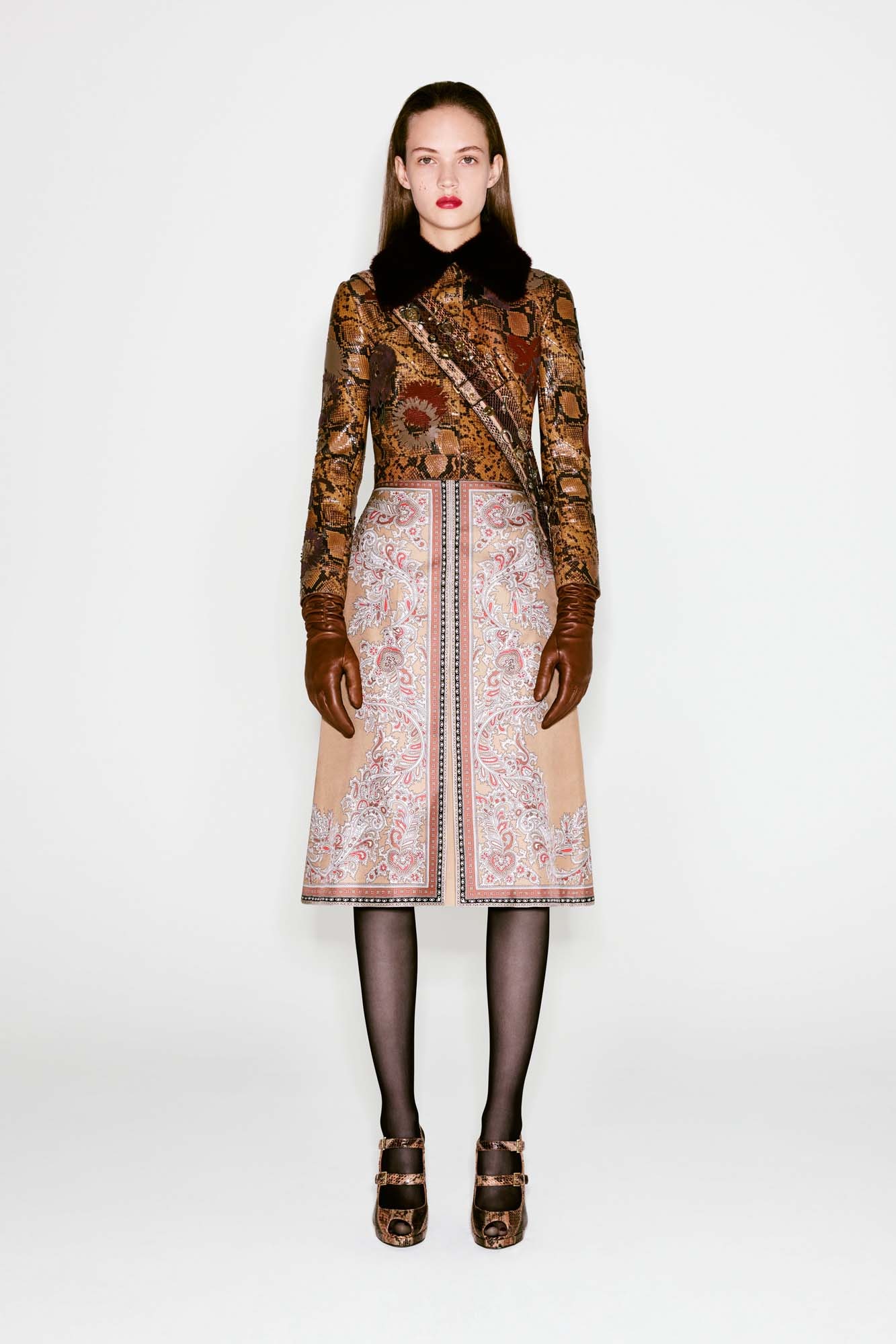 brown beige printed midi dress with gloves