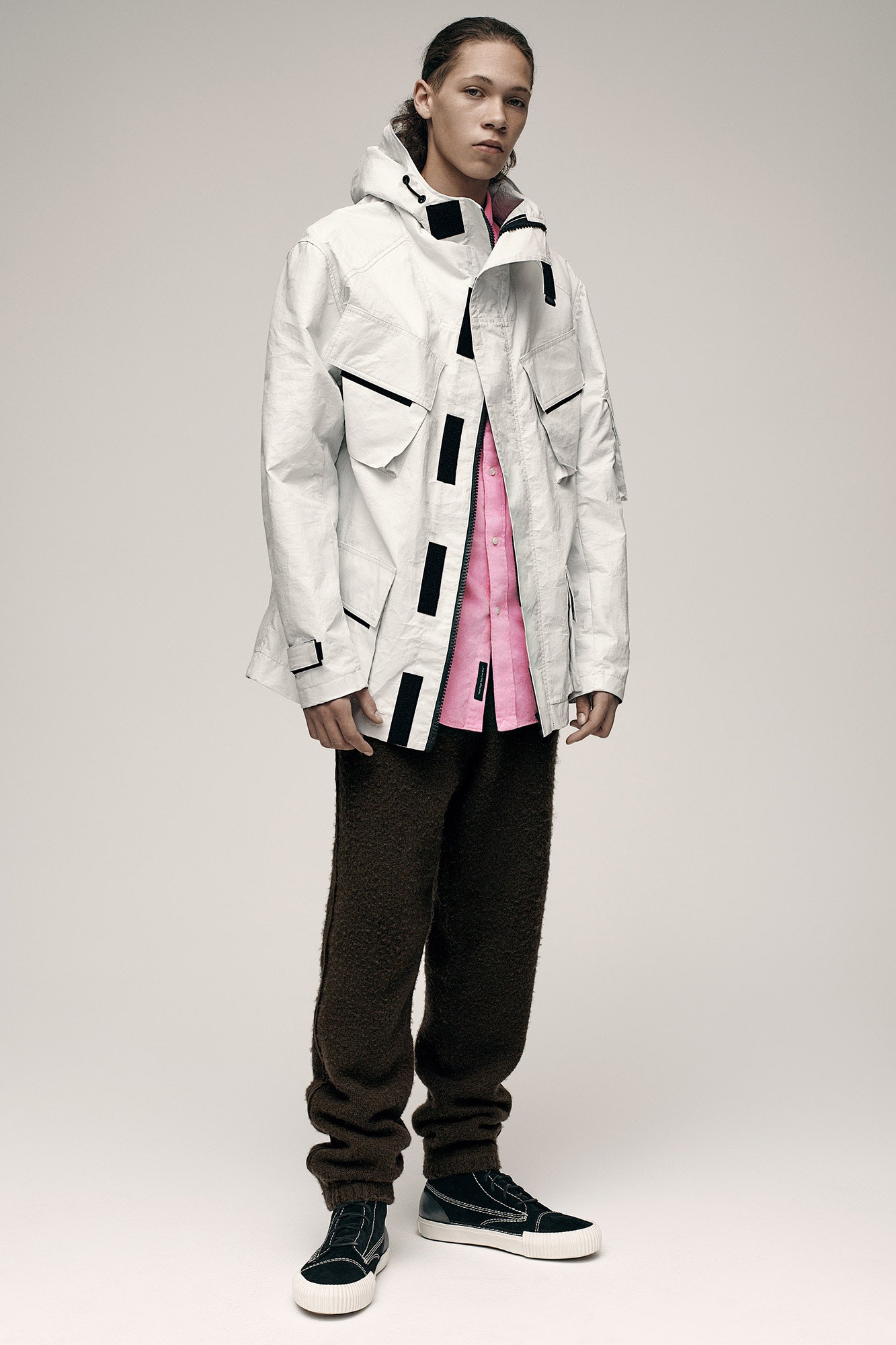 white hooded jacket with pink shirt