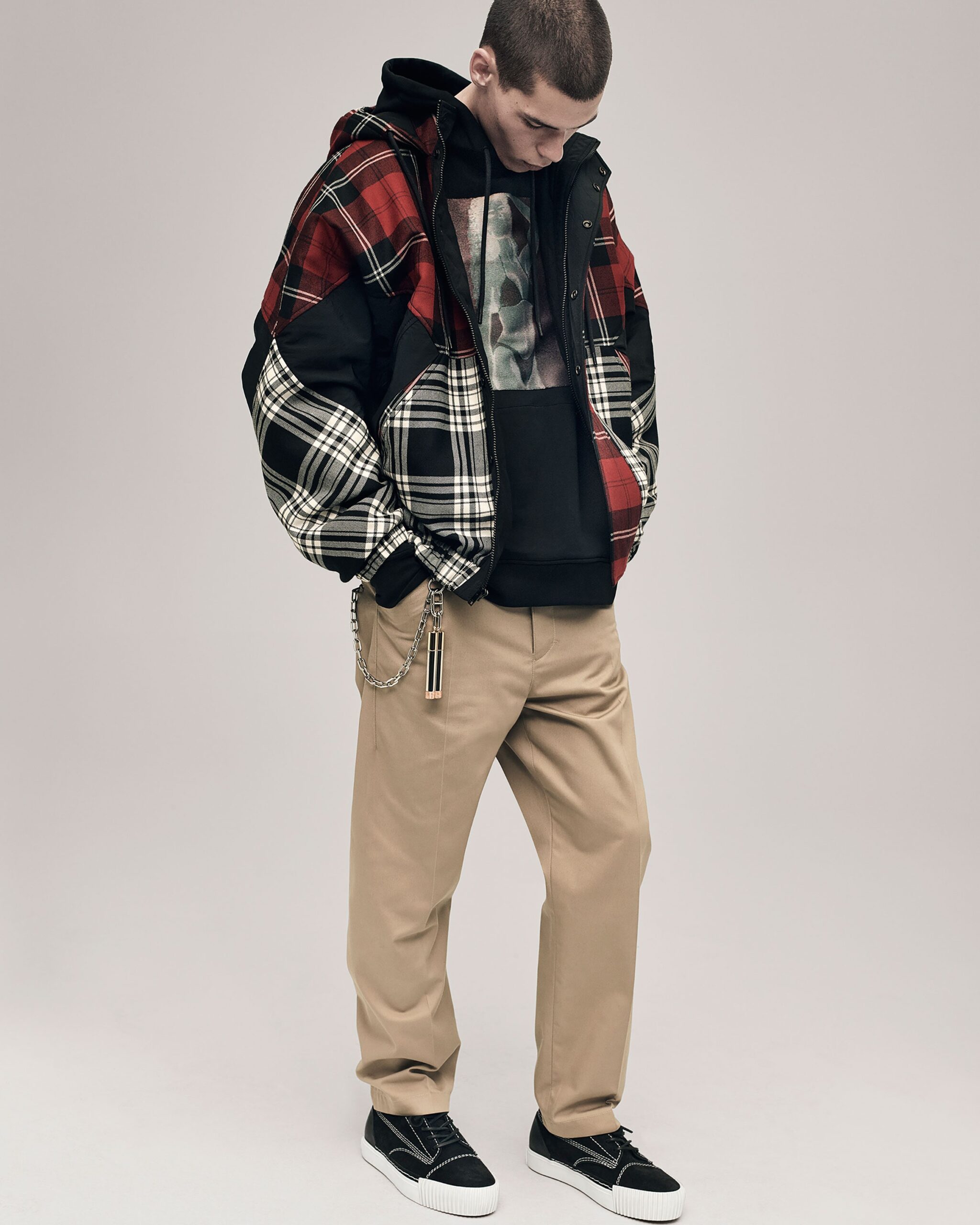 oversized checkered jacket with hoodie