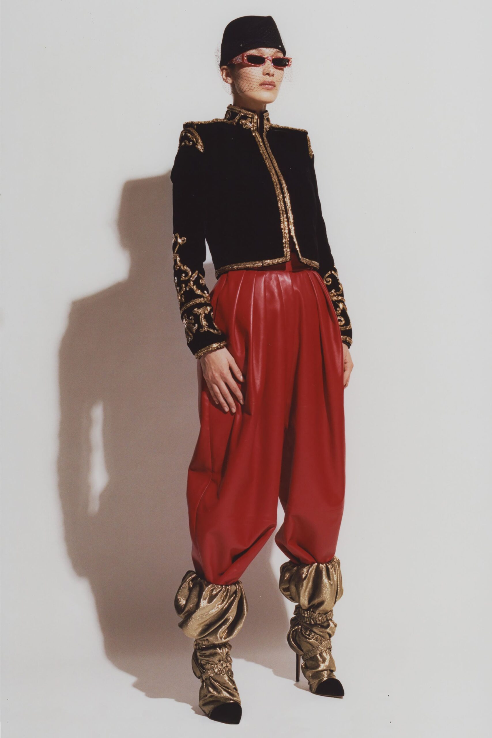 black velvet long-sleeve collared fitted embroidered jacket