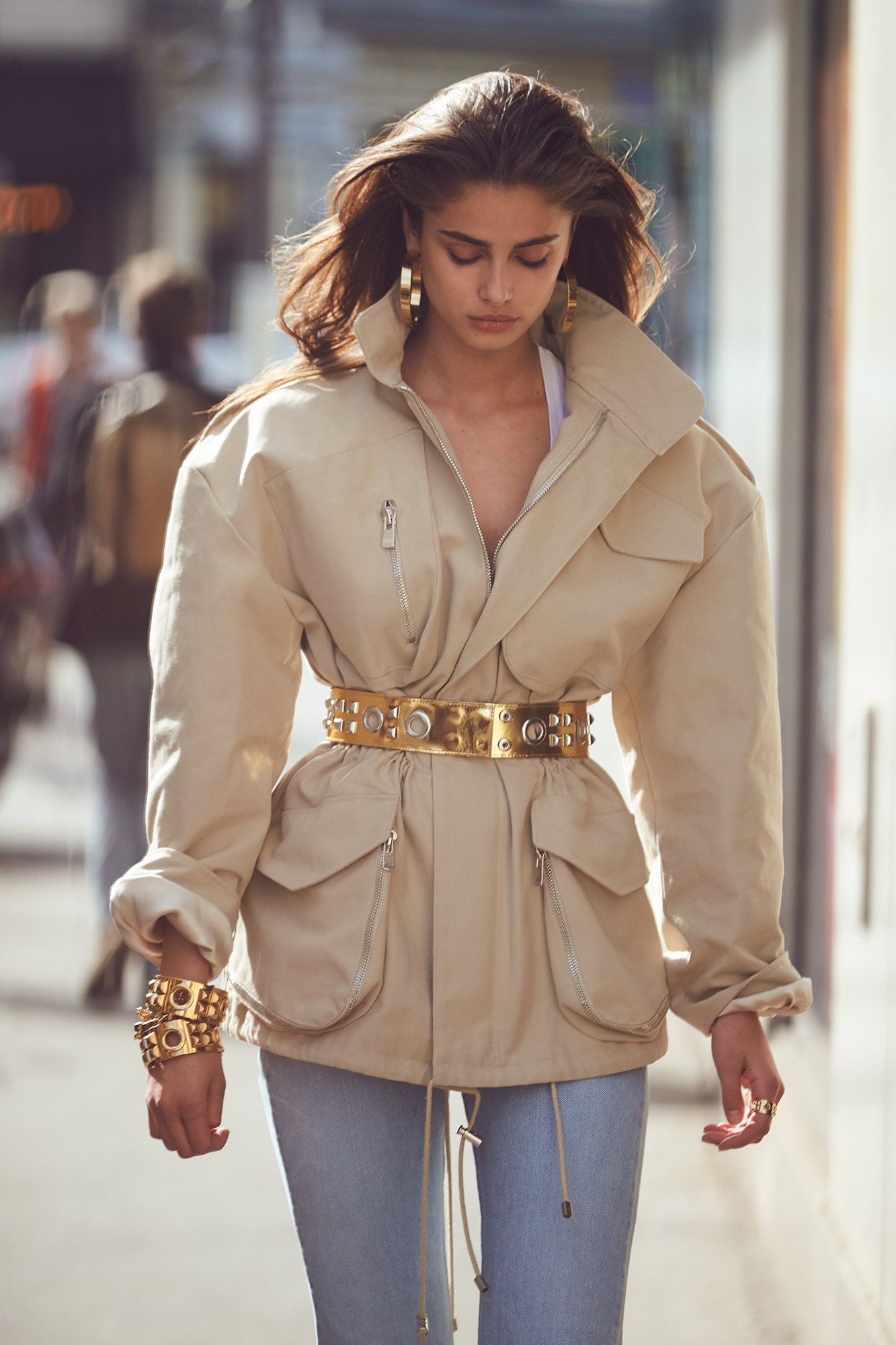beige oversized jacket with gold belt