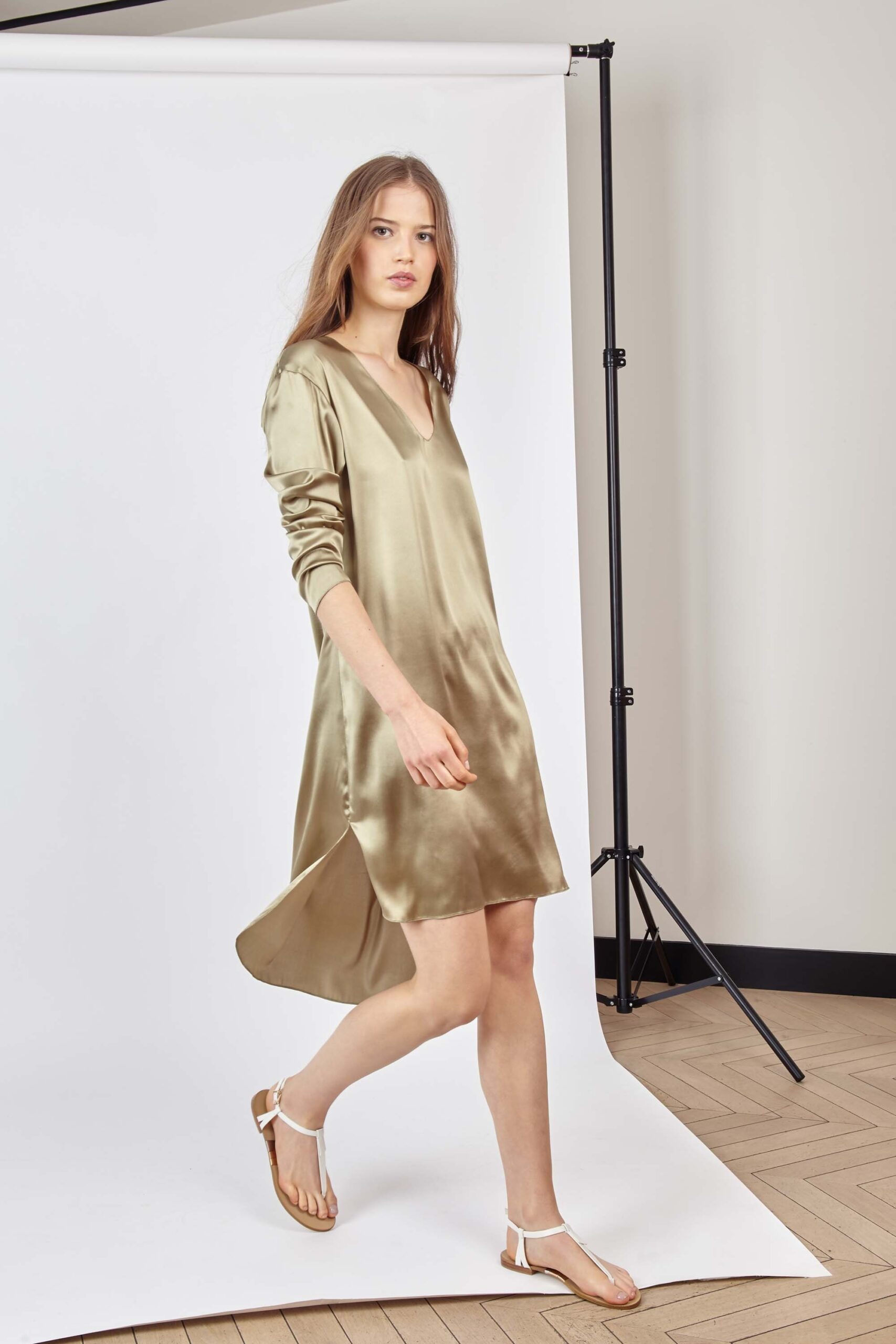 beige silk relaxed midi dress