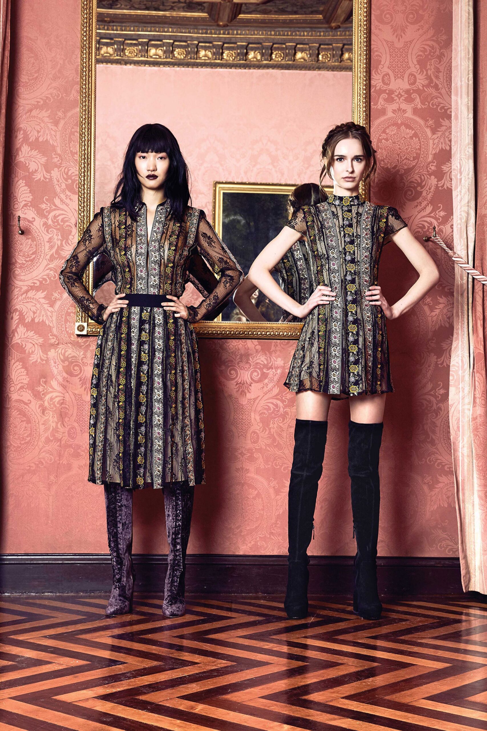 black silk long-sleeve collared fitted pleated embroidered dress