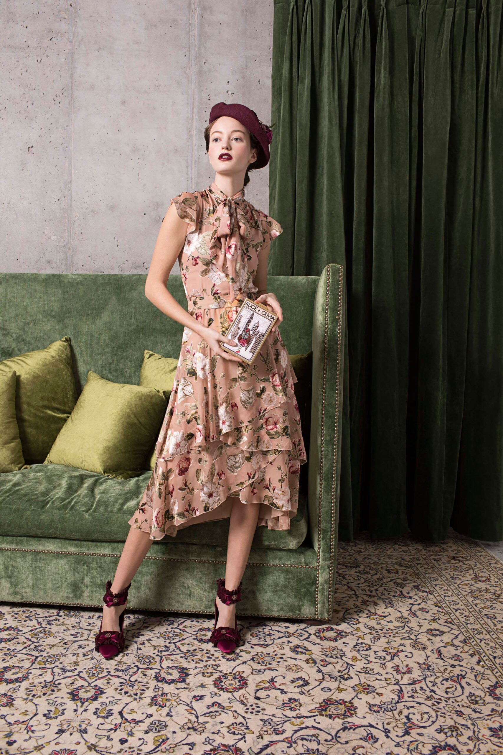 pink floral midi dress with hat