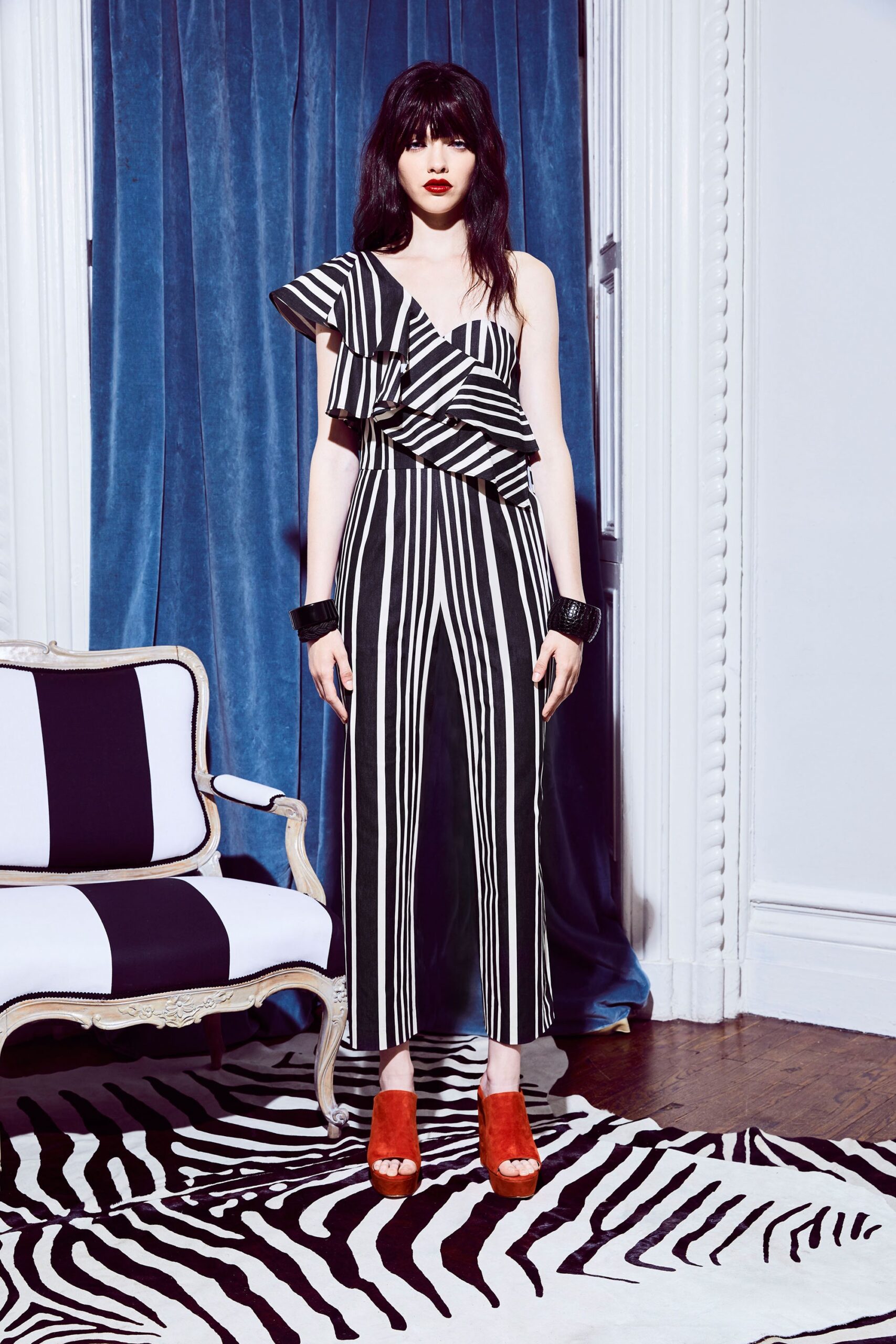 black cotton sleeveless asymmetric fitted striped ruffled jumpsuit