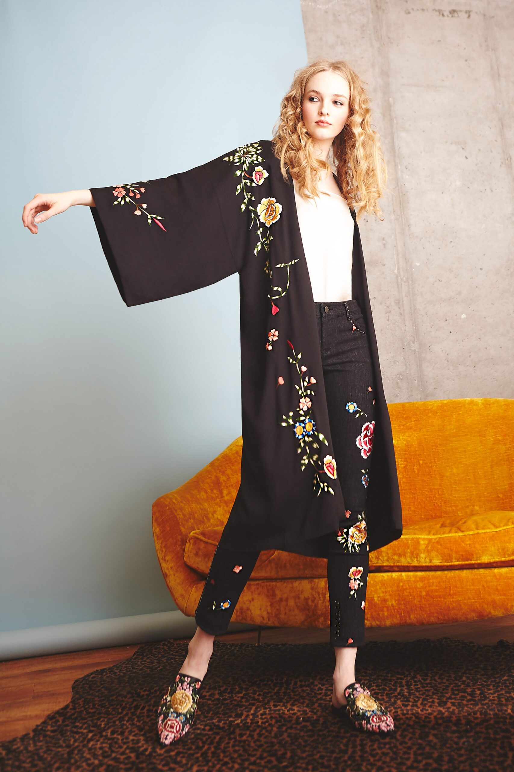 black embroidered coat and pants