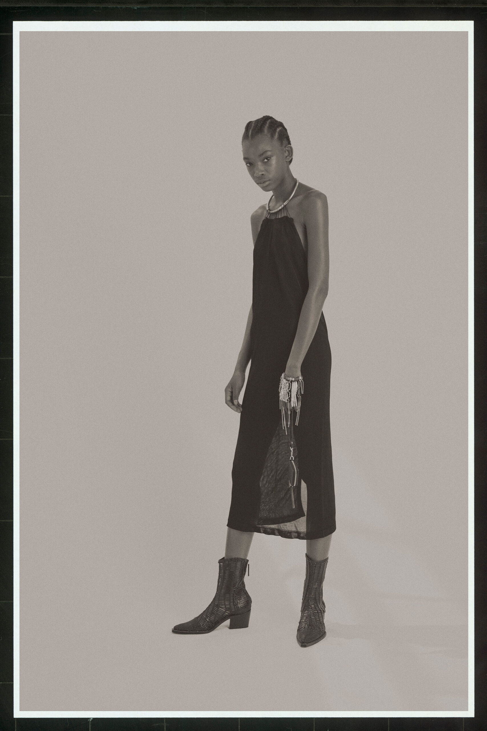 black silk sleeveless midi dress