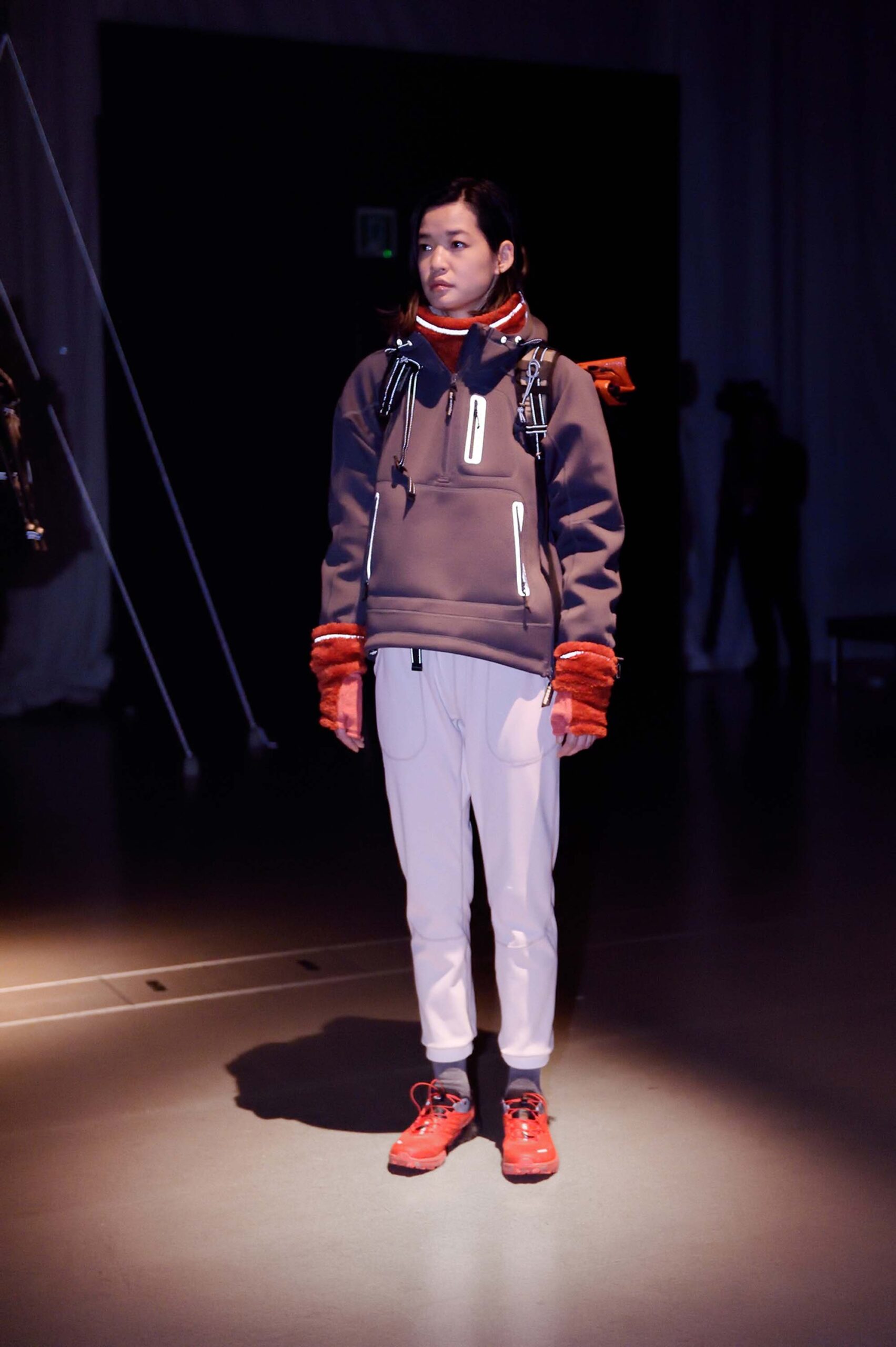 brown relaxed hoodie with white pants