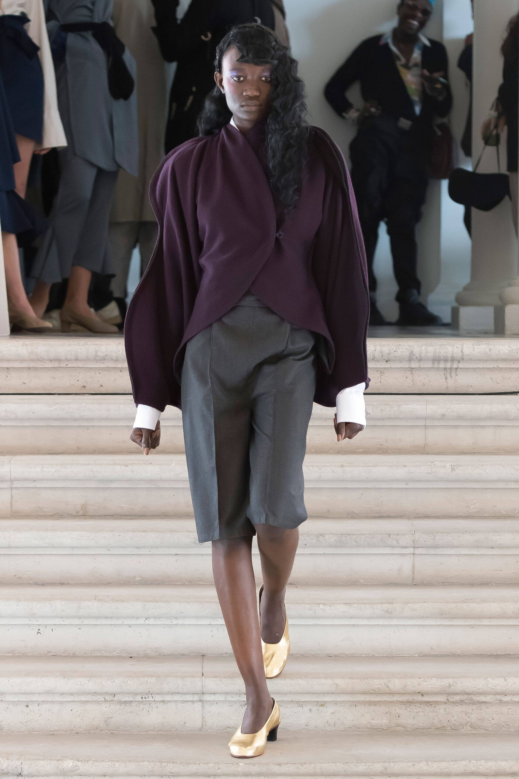 purple wool relaxed jacket with gray shorts