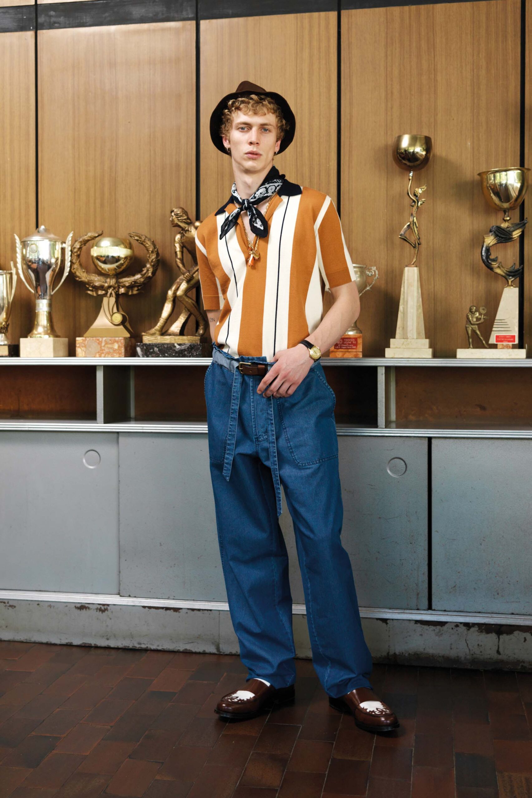 fitted striped shirt with relaxed denim pants