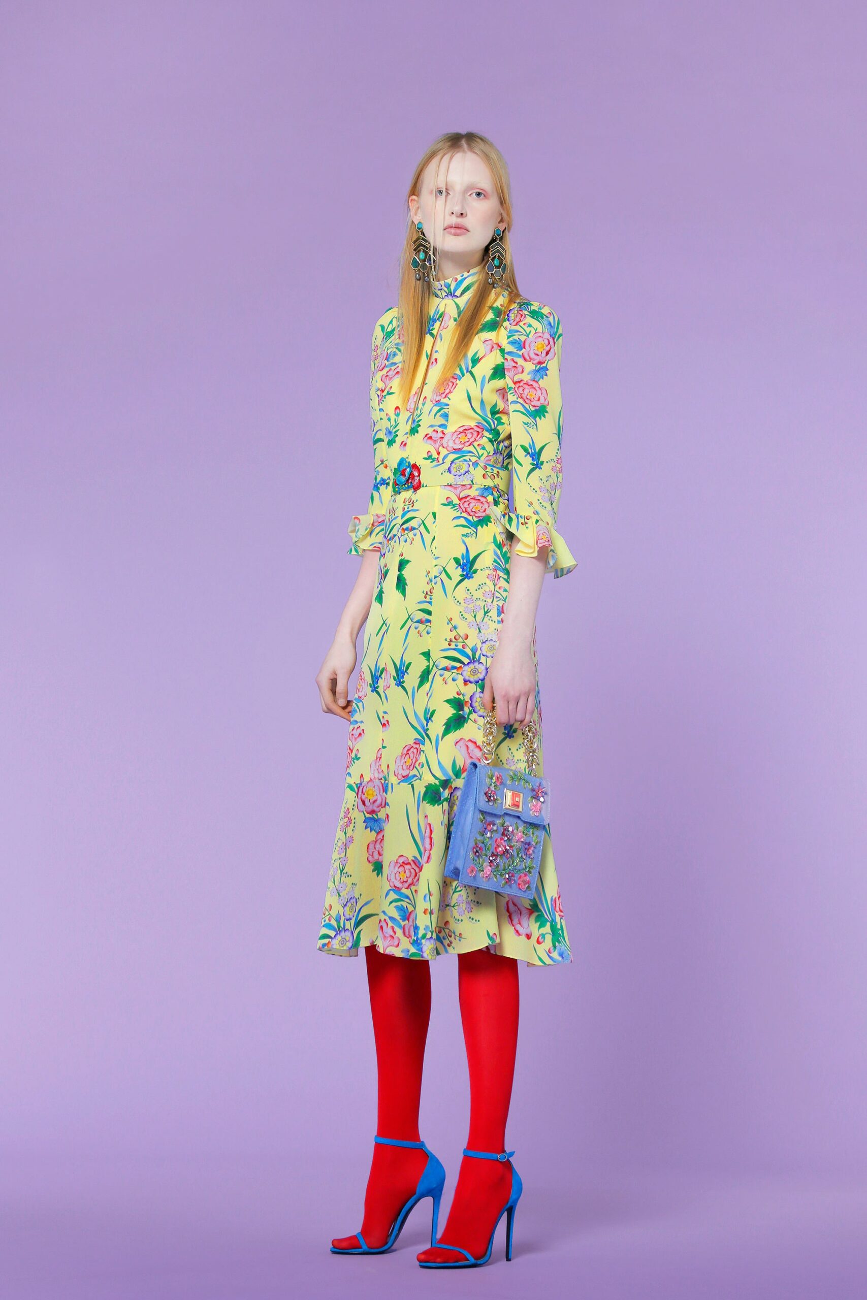floral midi dress with blue heels