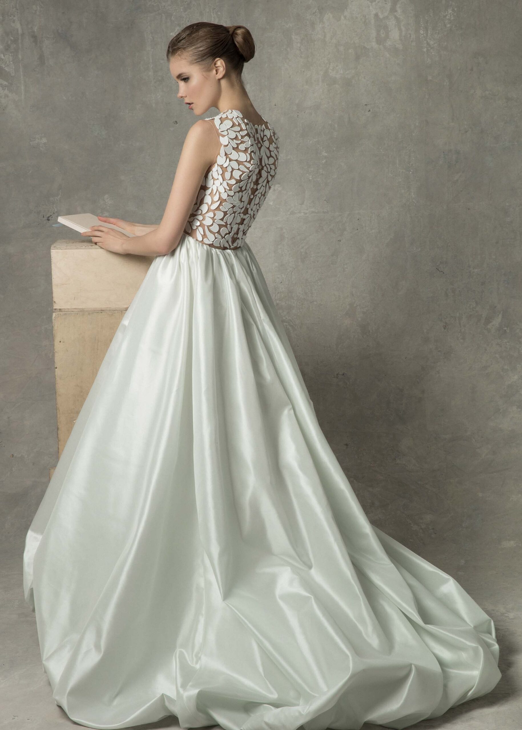 white silk embroidered gown
