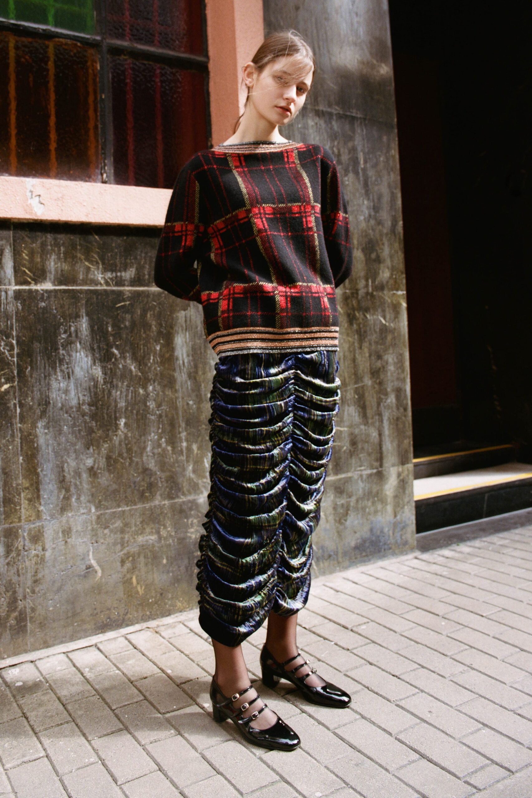 black and red checked top with ruched skirt