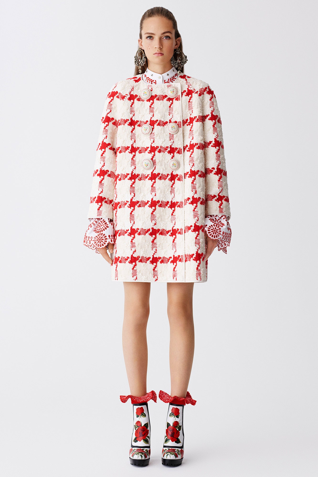 checked coat with embellished shoes