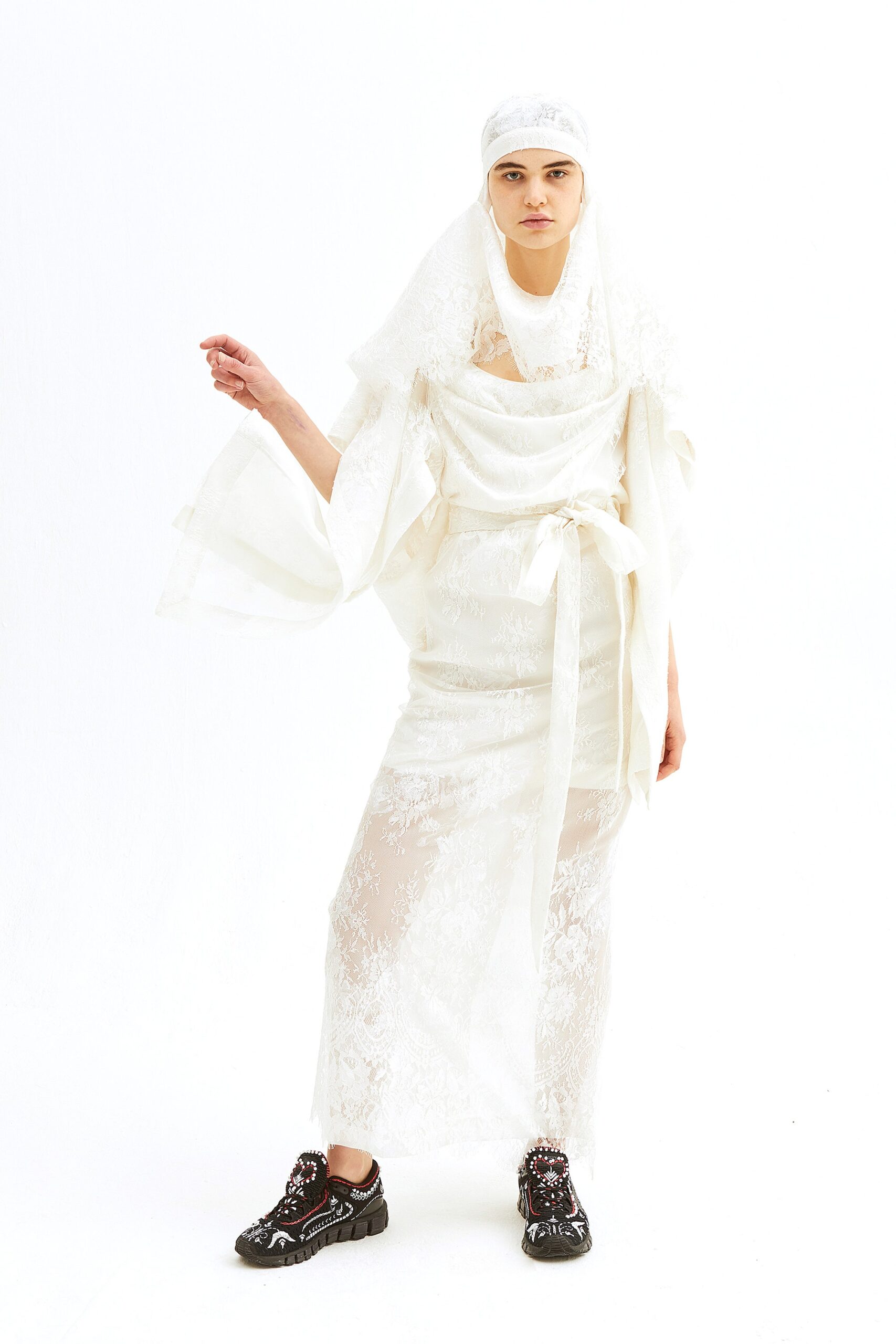 white lace long-sleeve high-neck fitted layered sheer dress