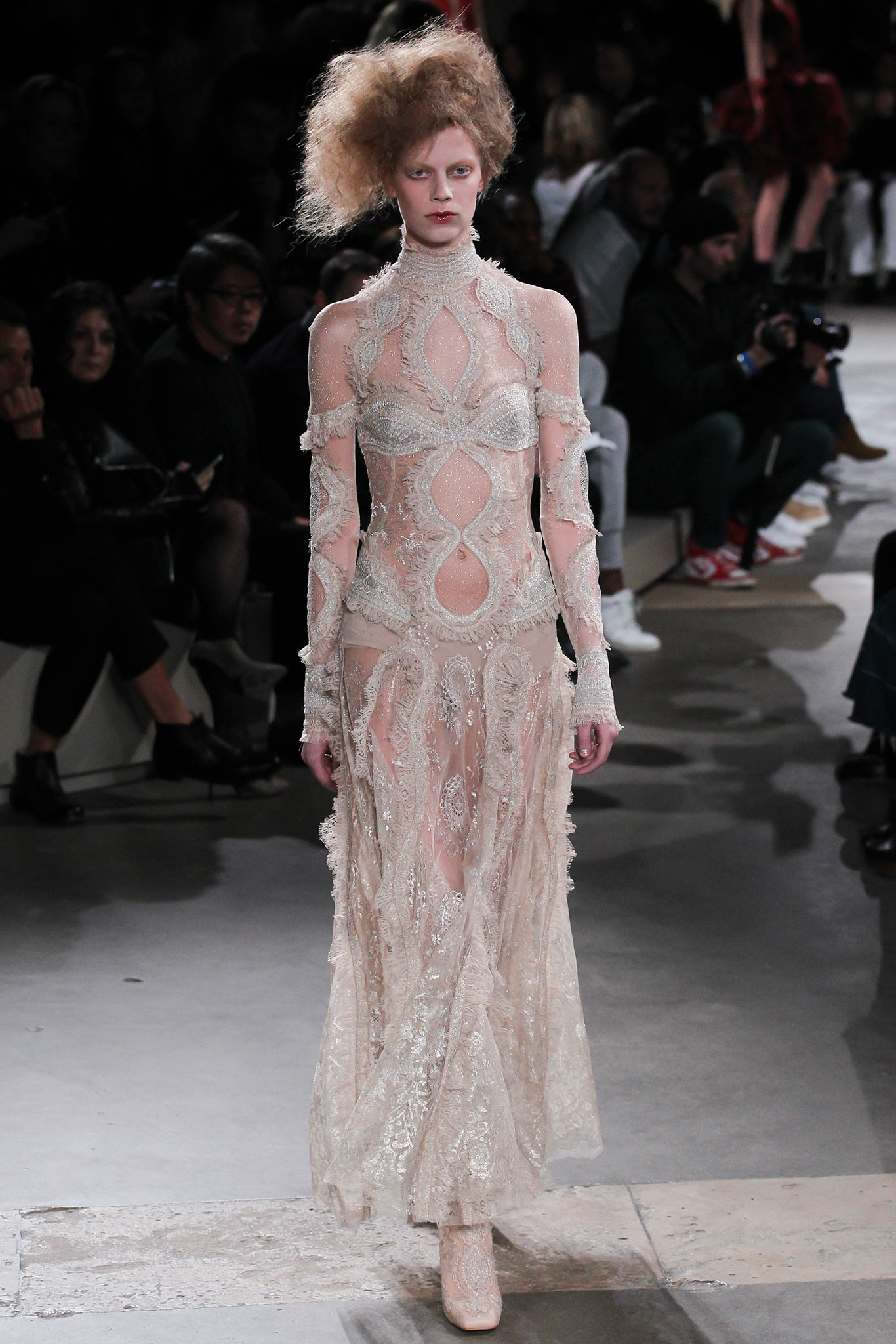 beige lace fitted gown