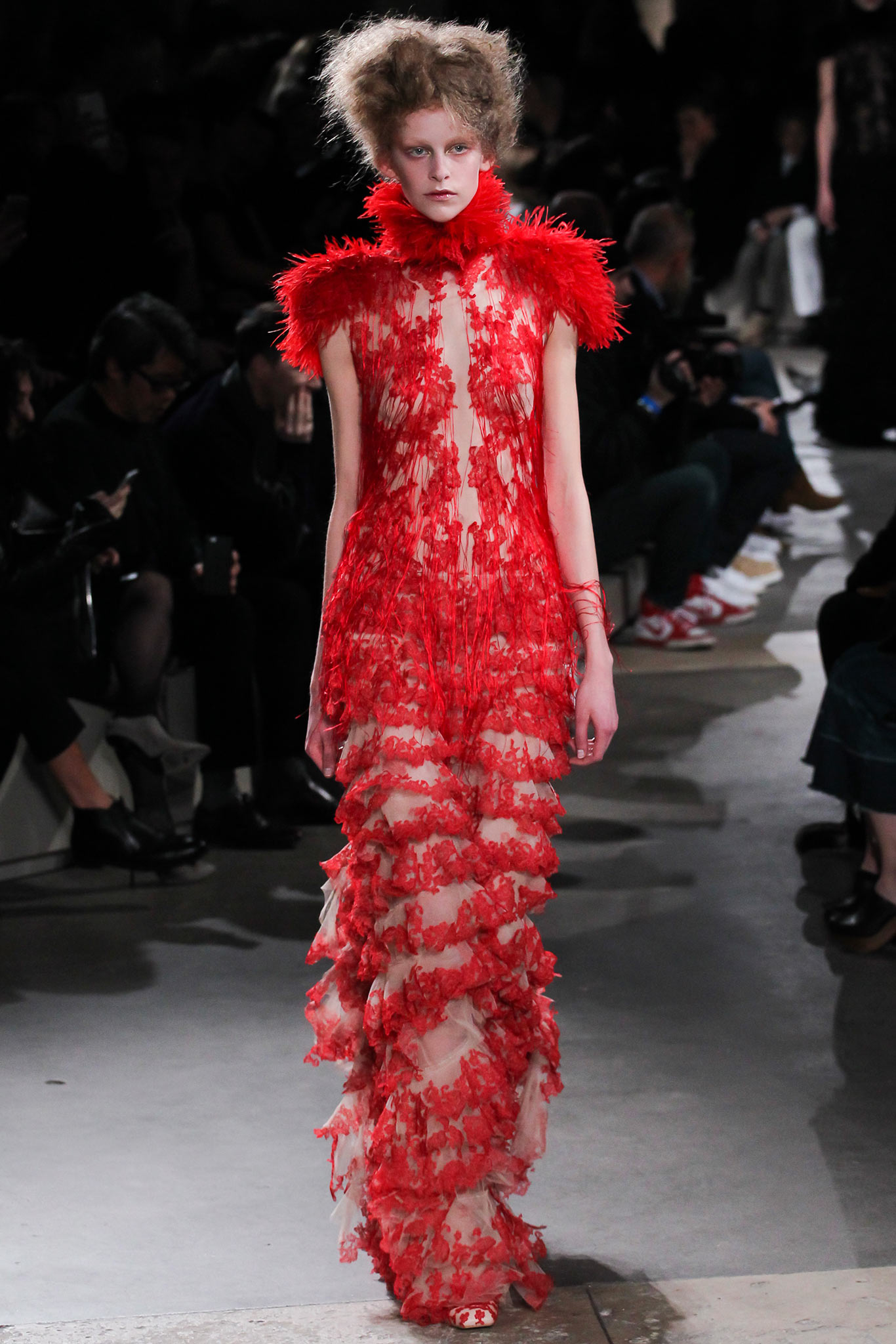 red ruffled sheer gown