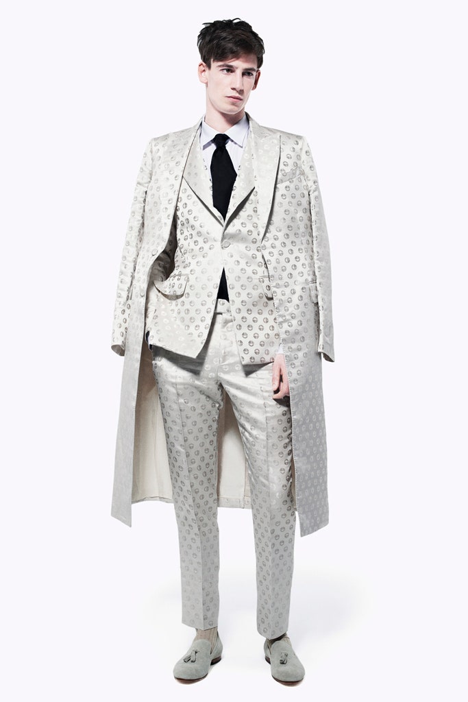 gray silk tailored suit with coat