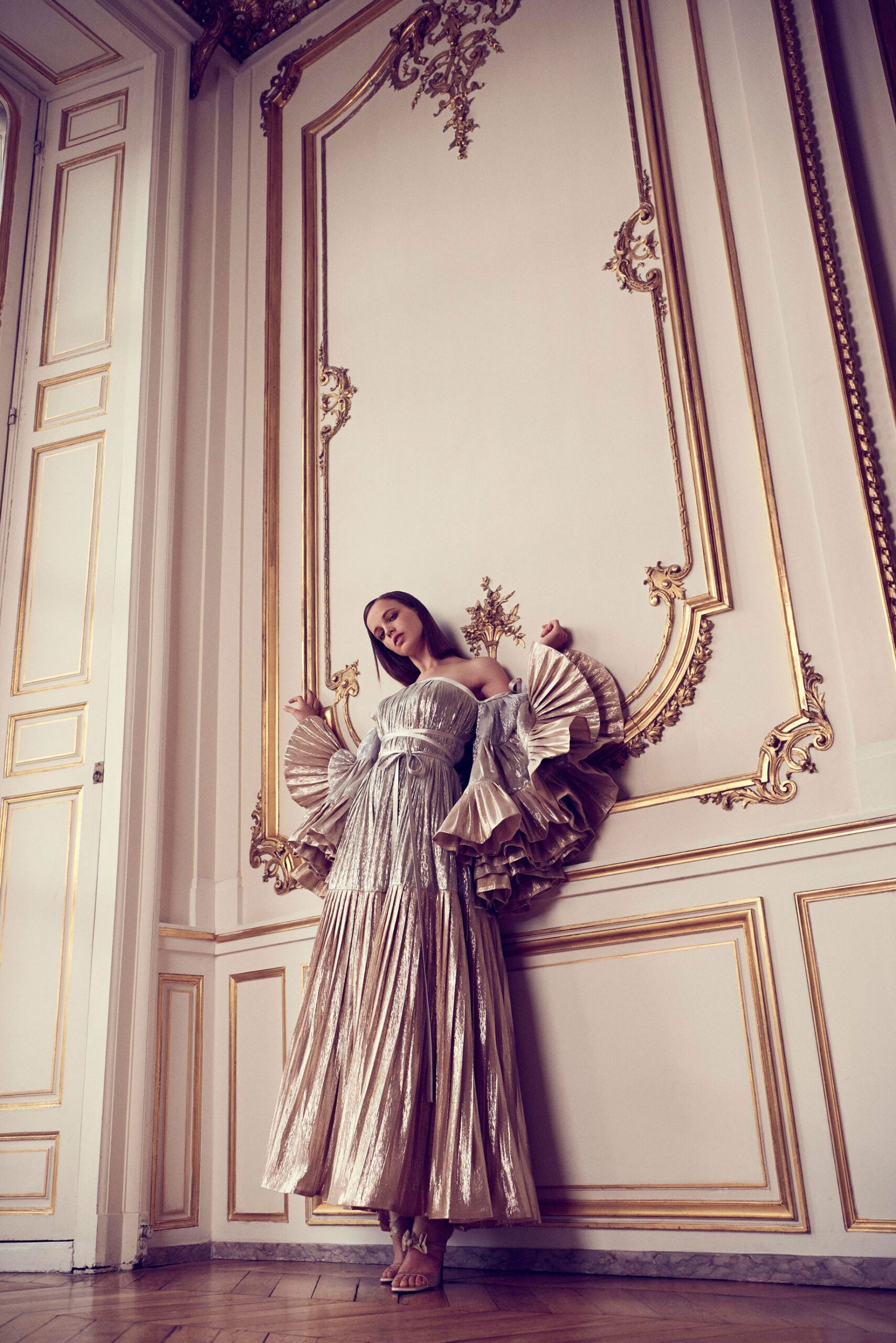 gold silk off-shoulder gown
