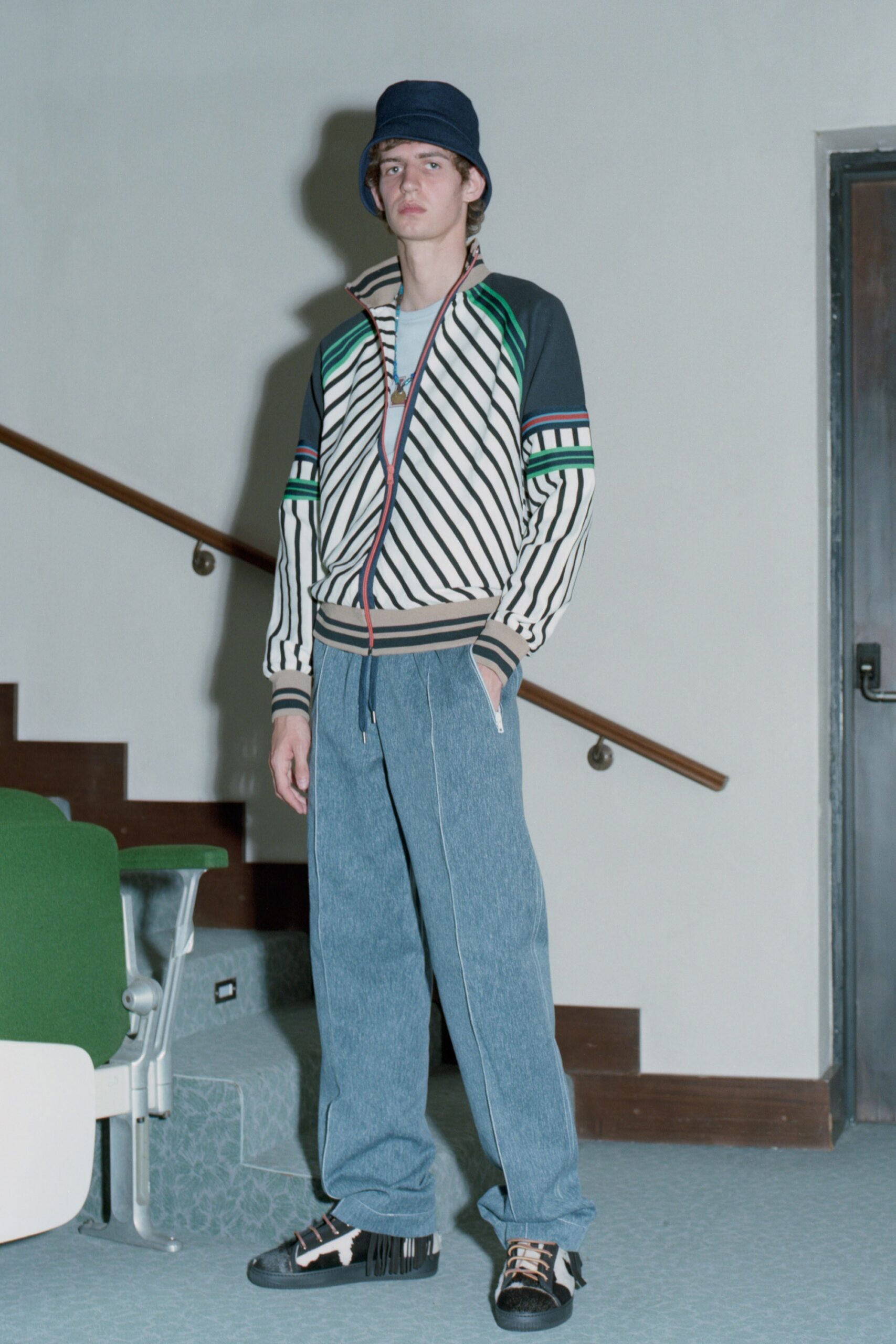 relaxed striped jacket with denim pants
