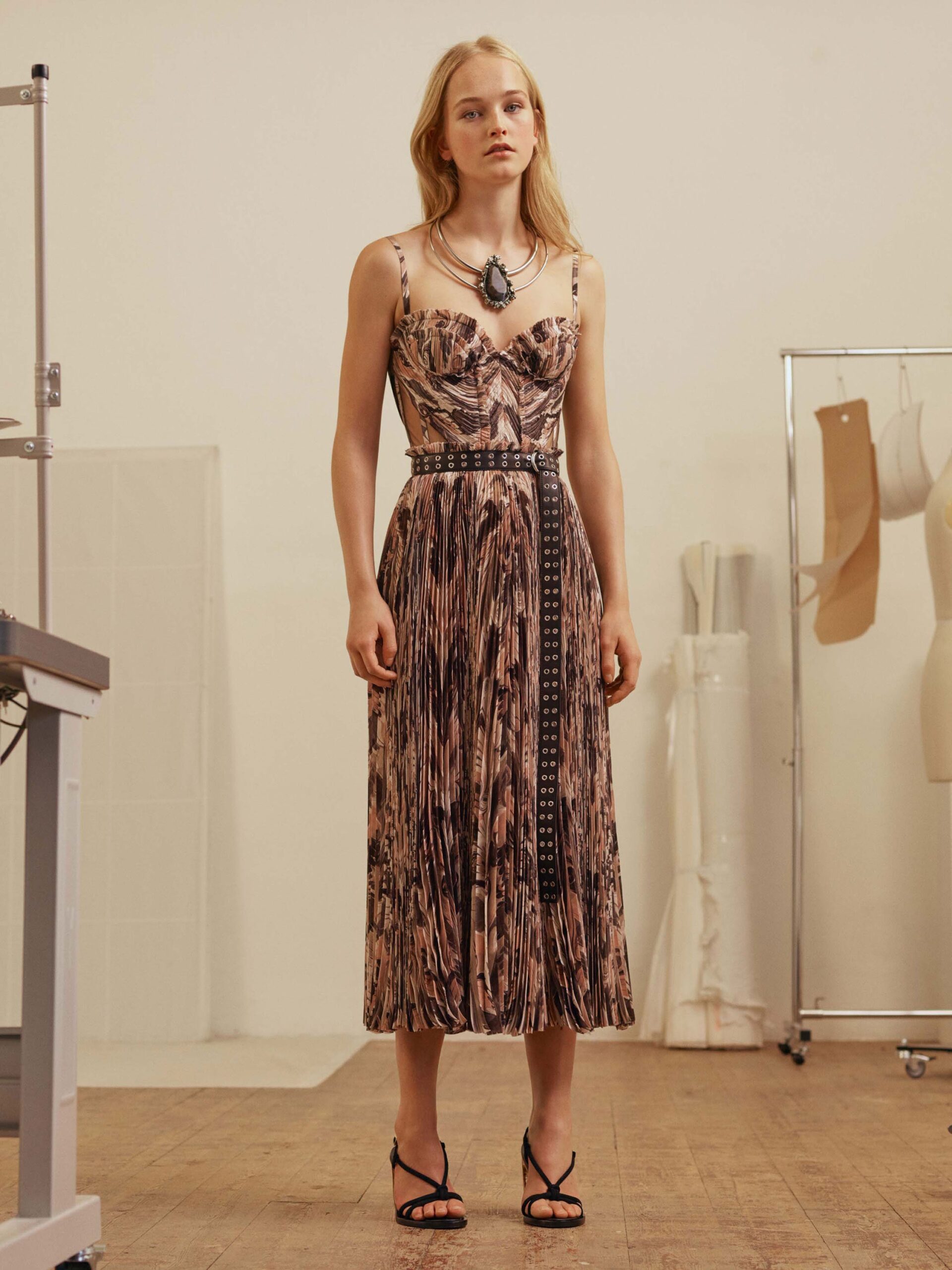 pink silk sleeveless v-neck fitted pleated midi dress