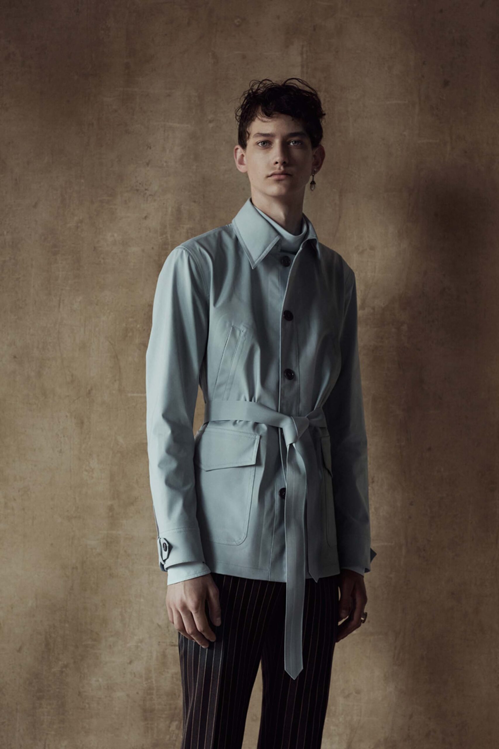 blue cotton long-sleeve collared fitted belted jacket