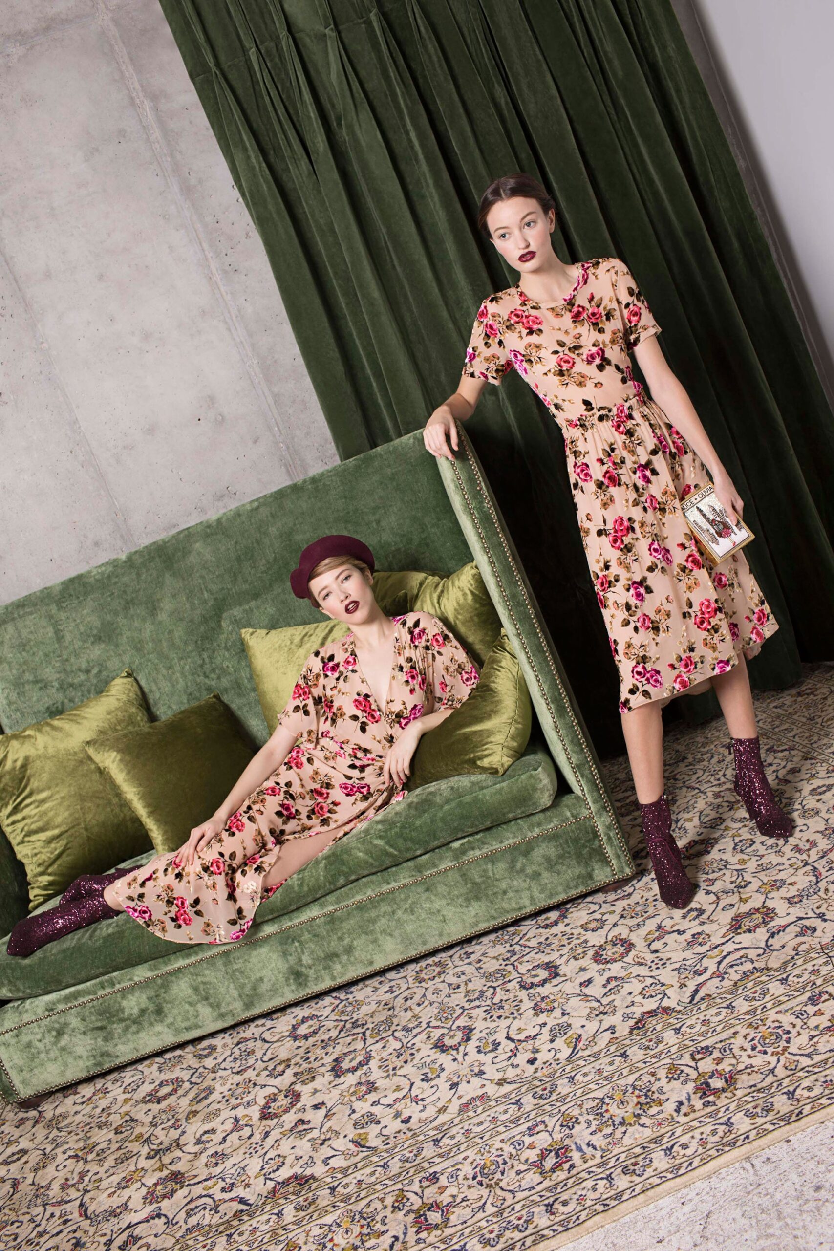 beige floral midi dress with hat and boots