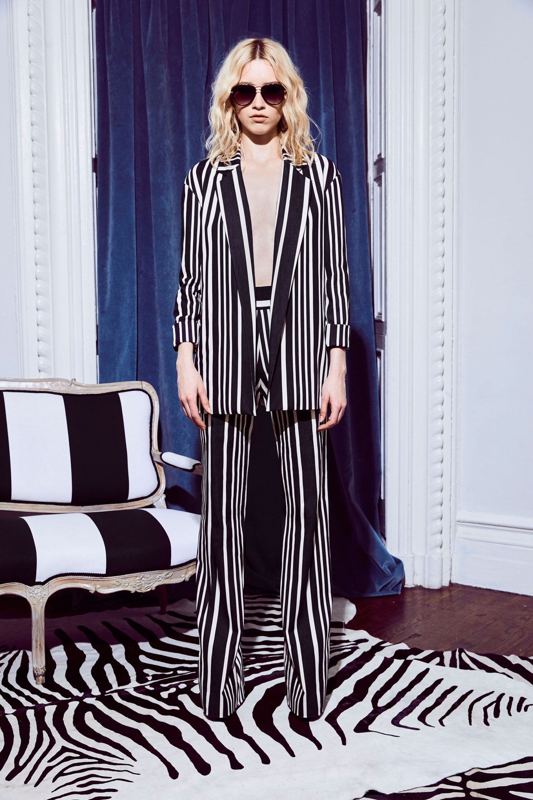 black and white striped suit