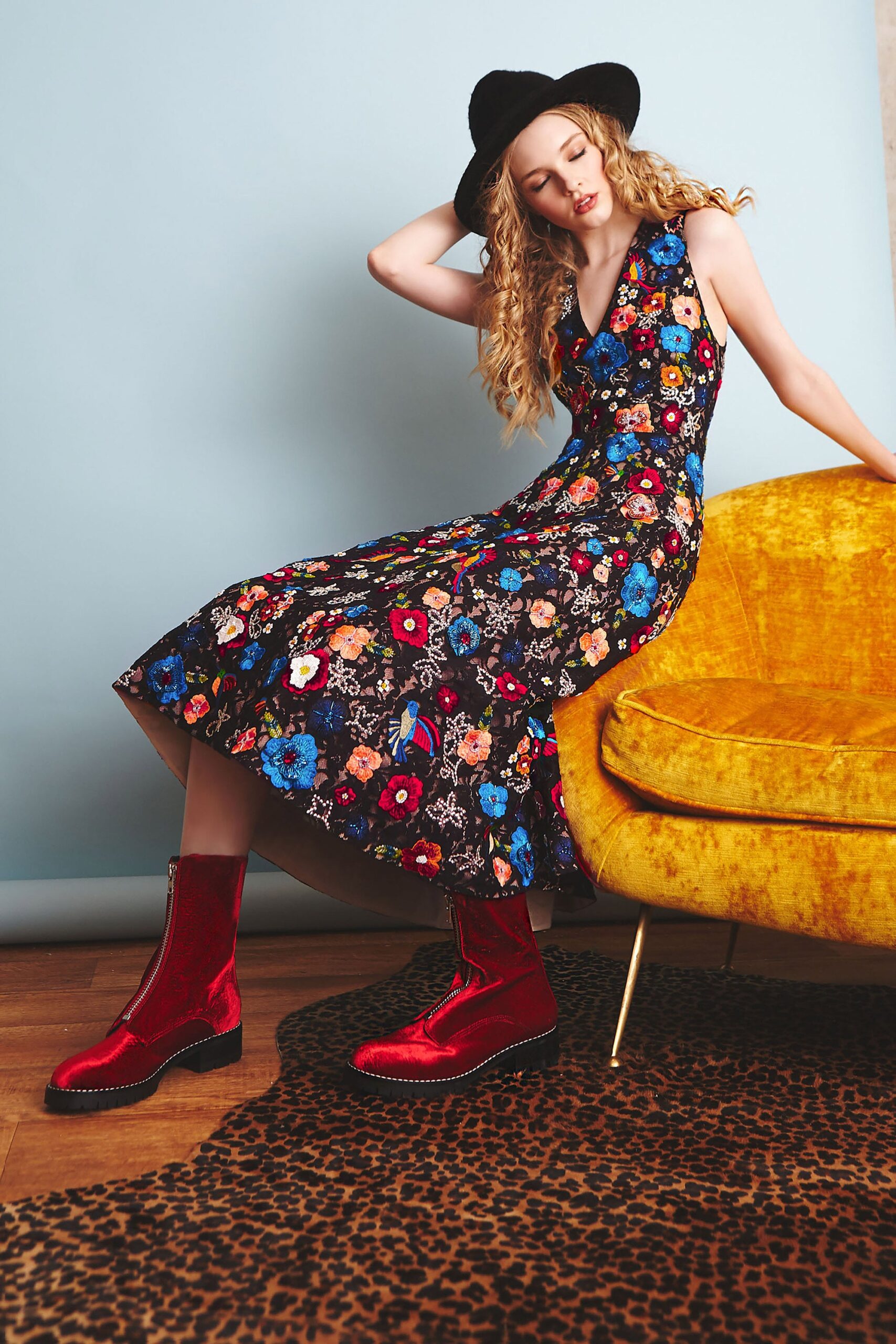 floral midi dress with red boots
