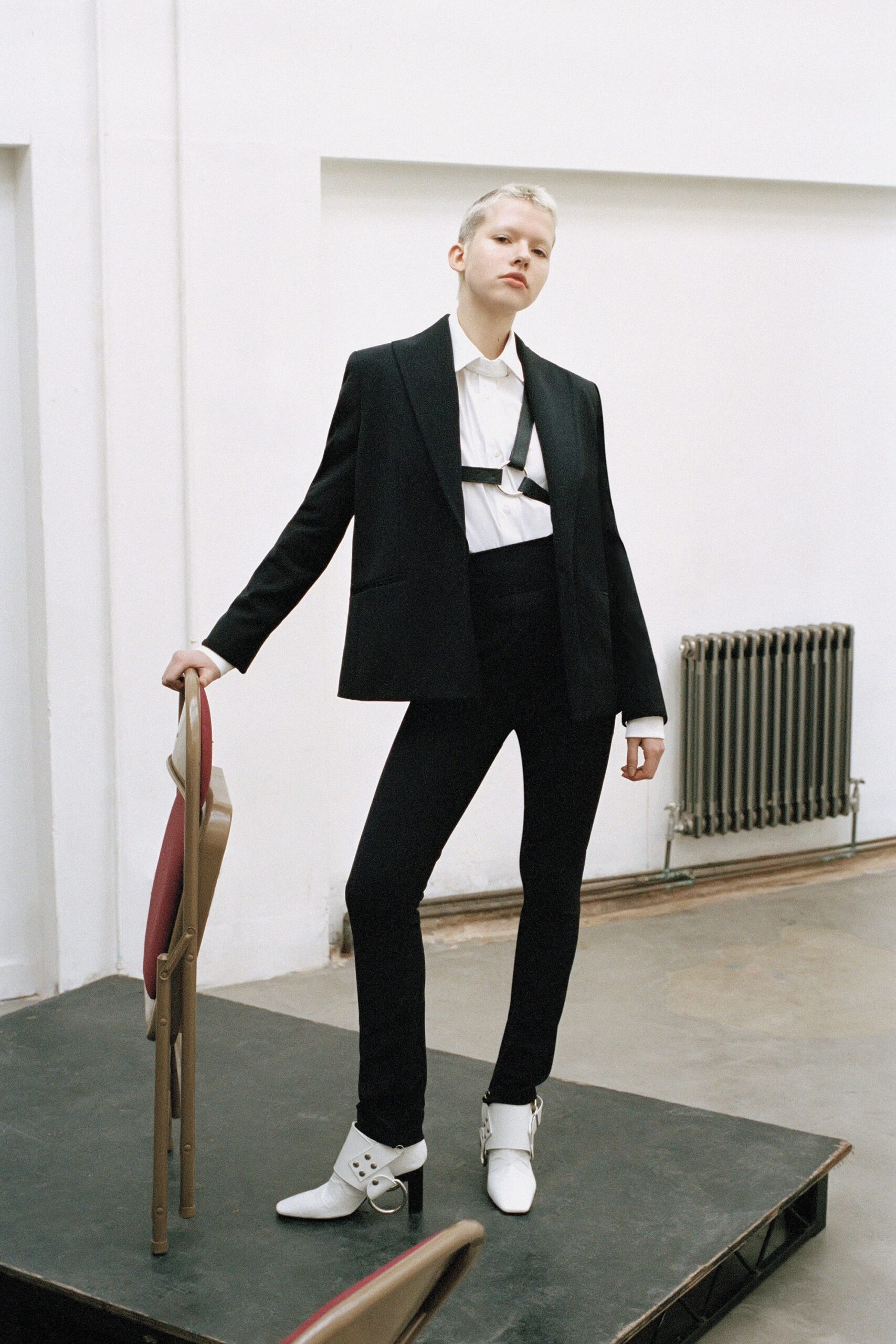 black tailored blazer with white shirt