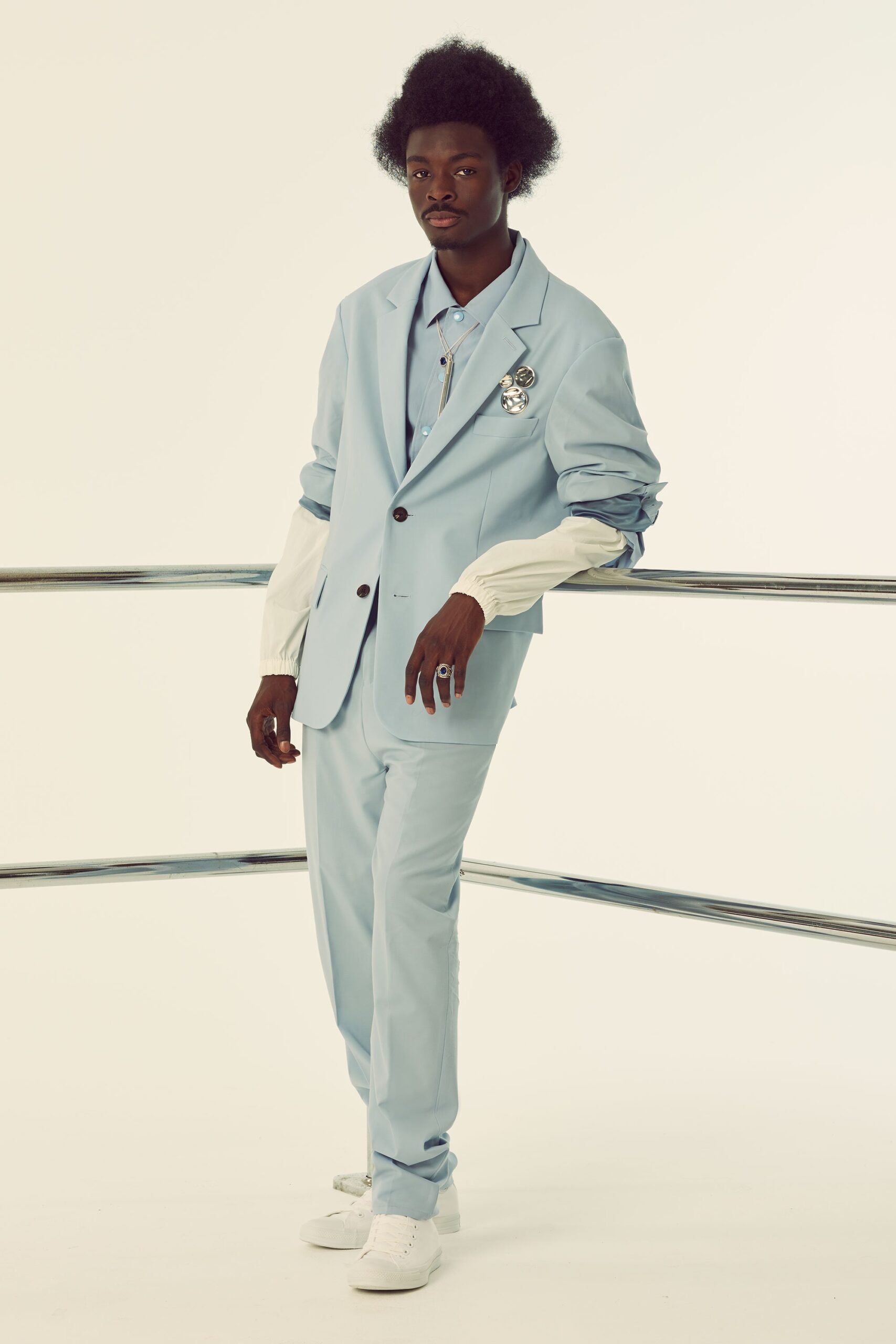 blue tailored suit with white shirt