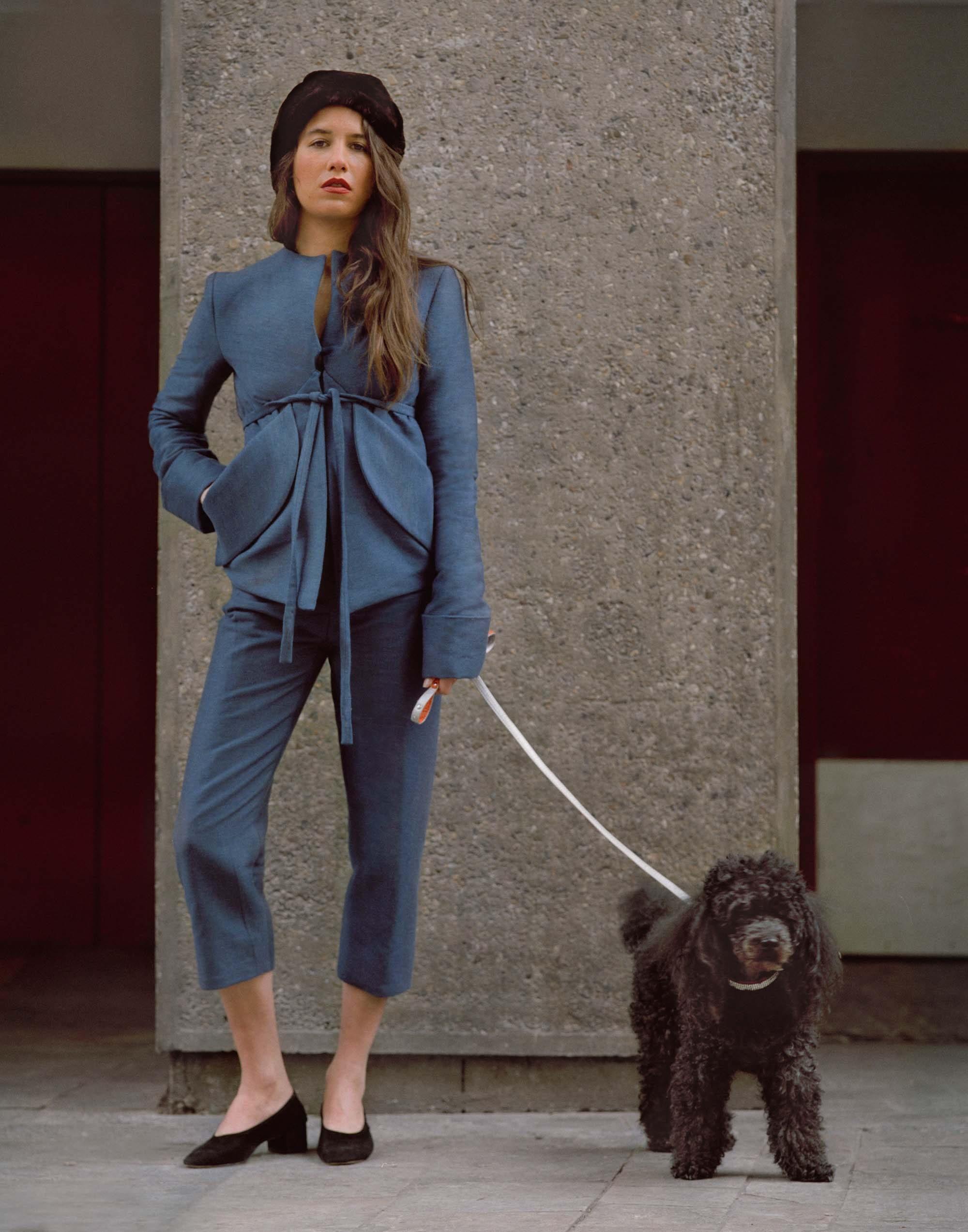blue cotton tailored cropped pants