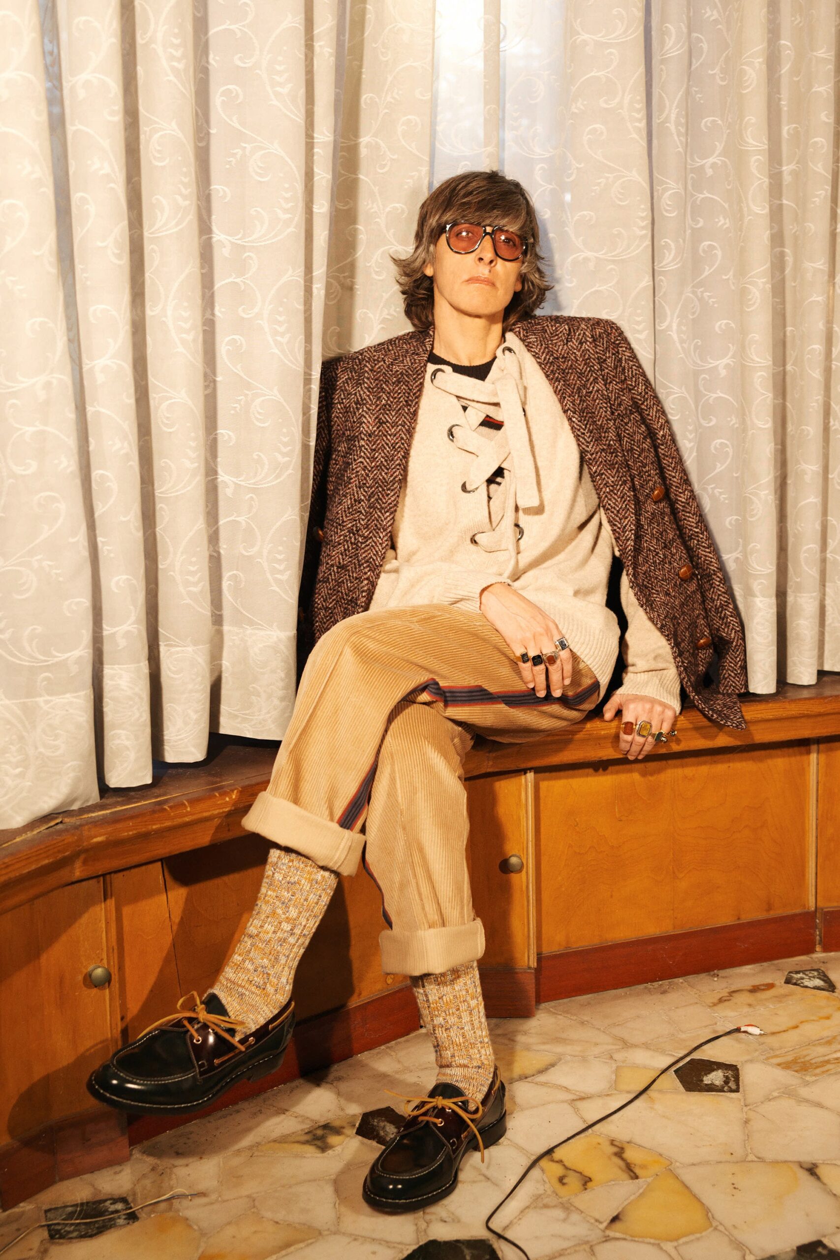 brown tweed blazer with beige sweater