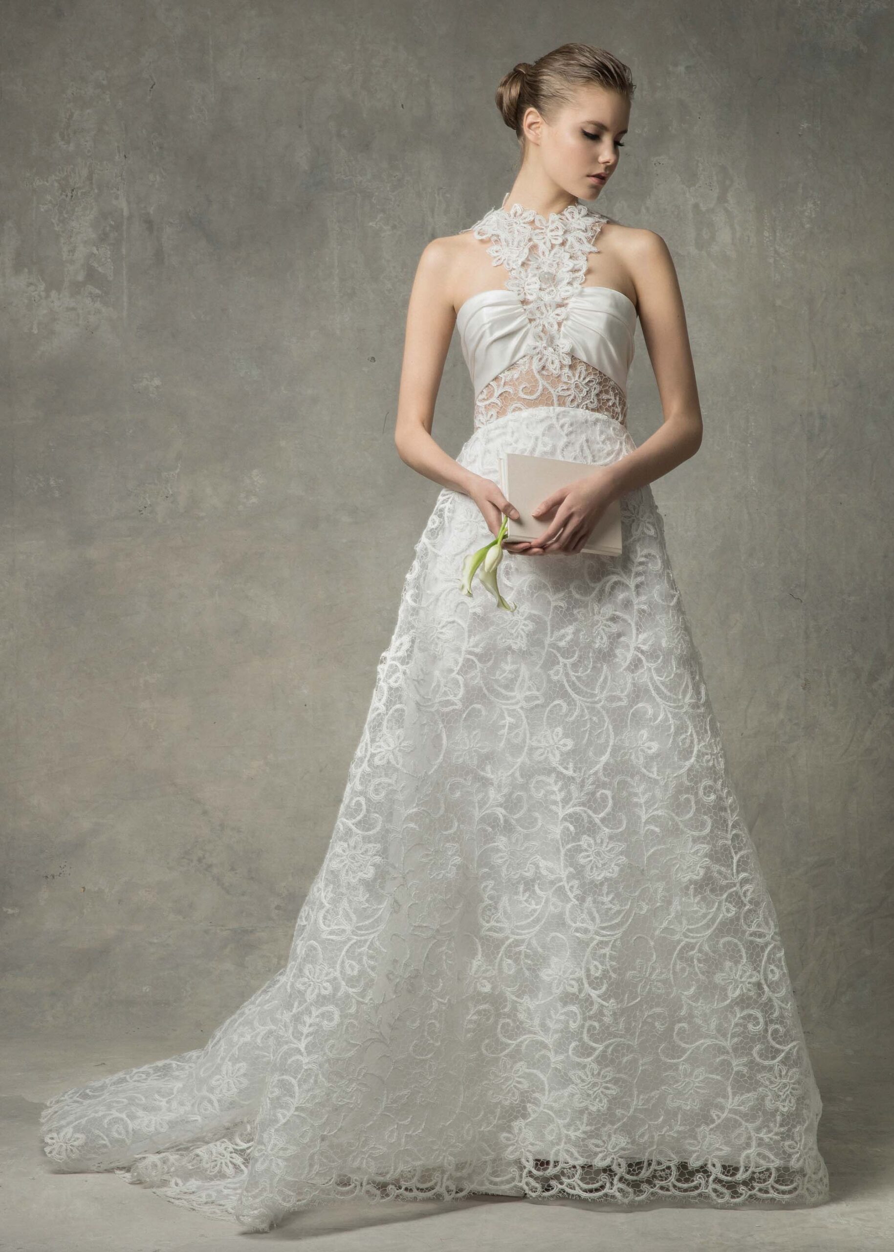white lace embroidered gown
