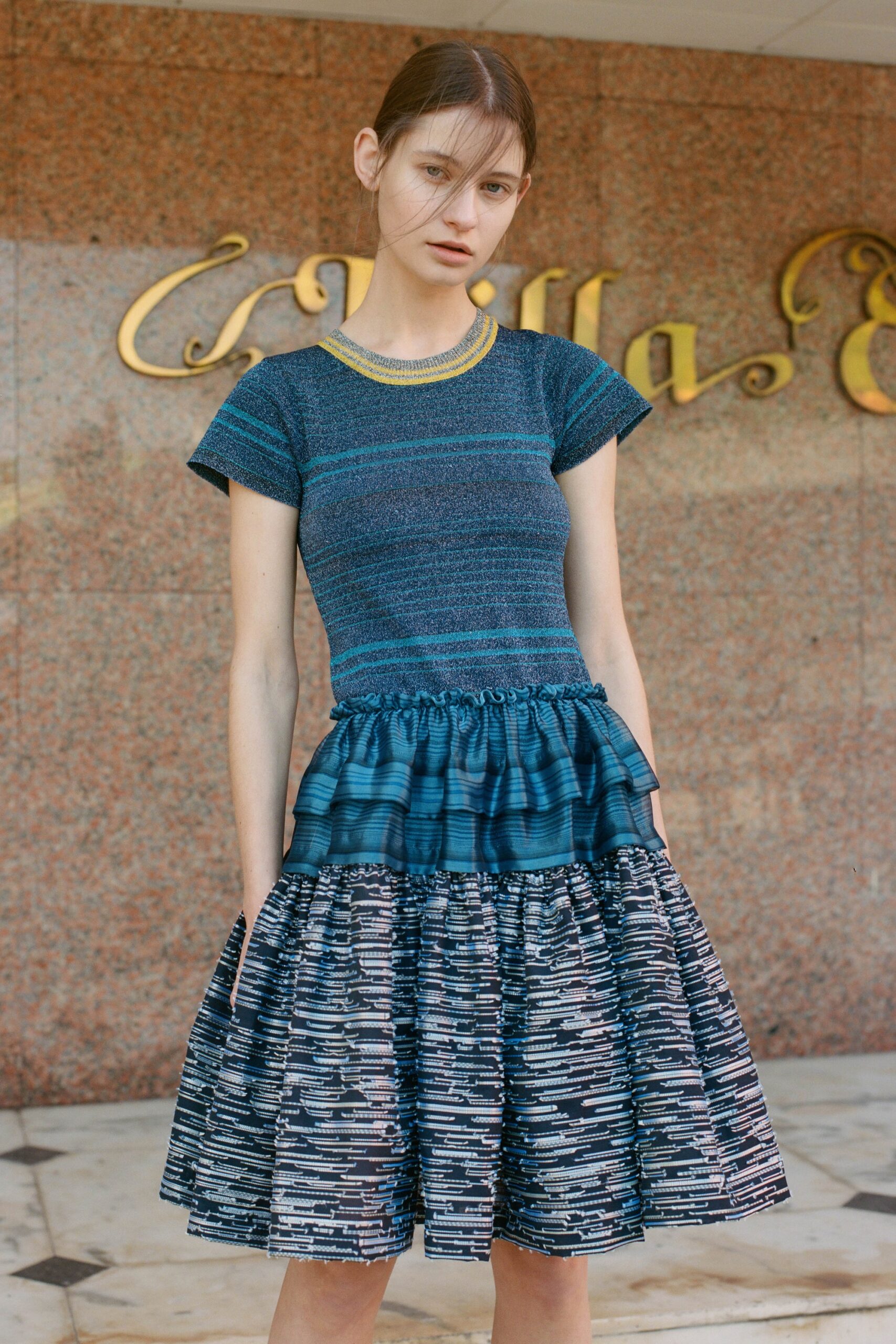 blue green pleated midi dress