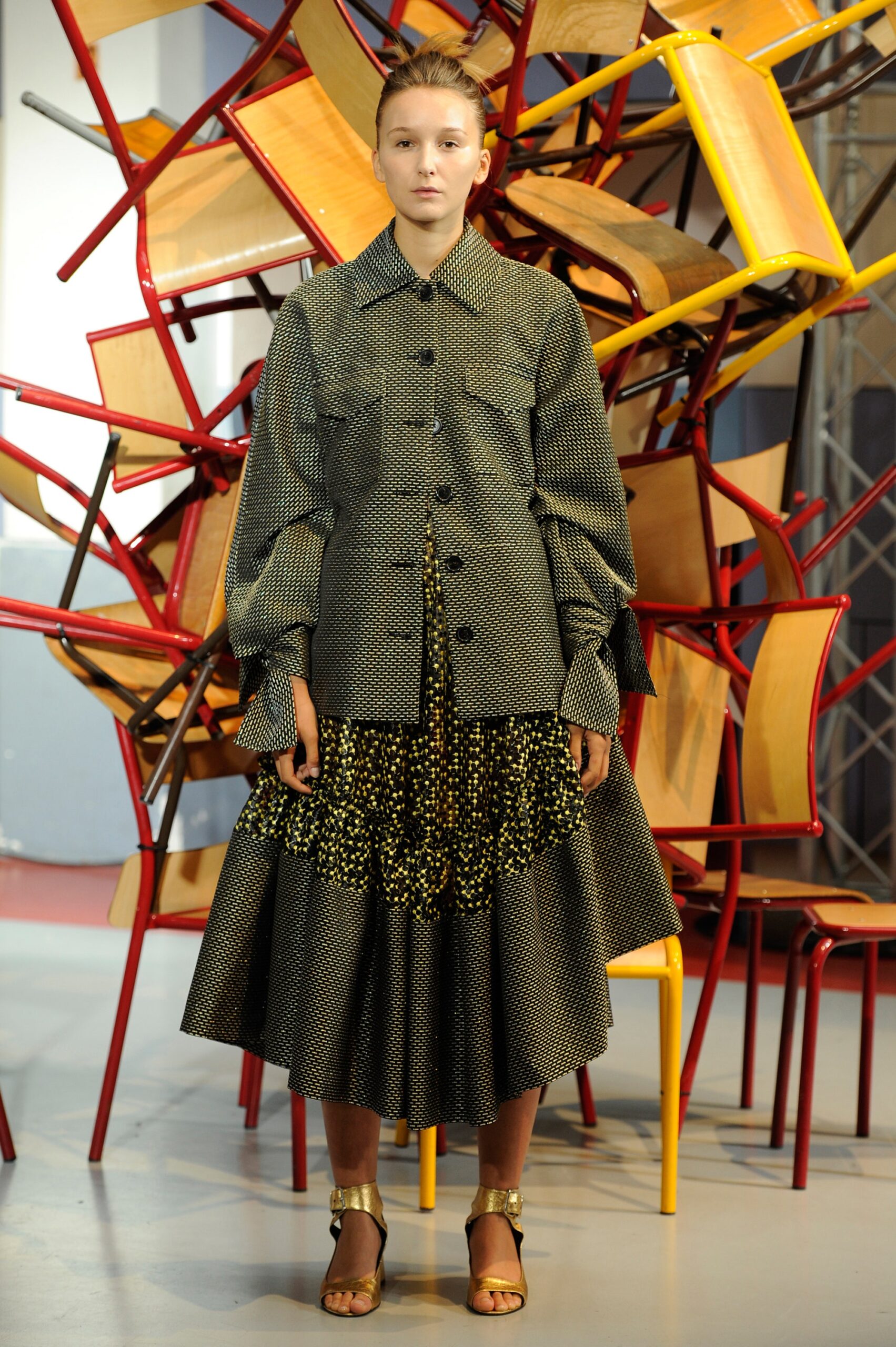 black and white polka-dot blouse and skirt