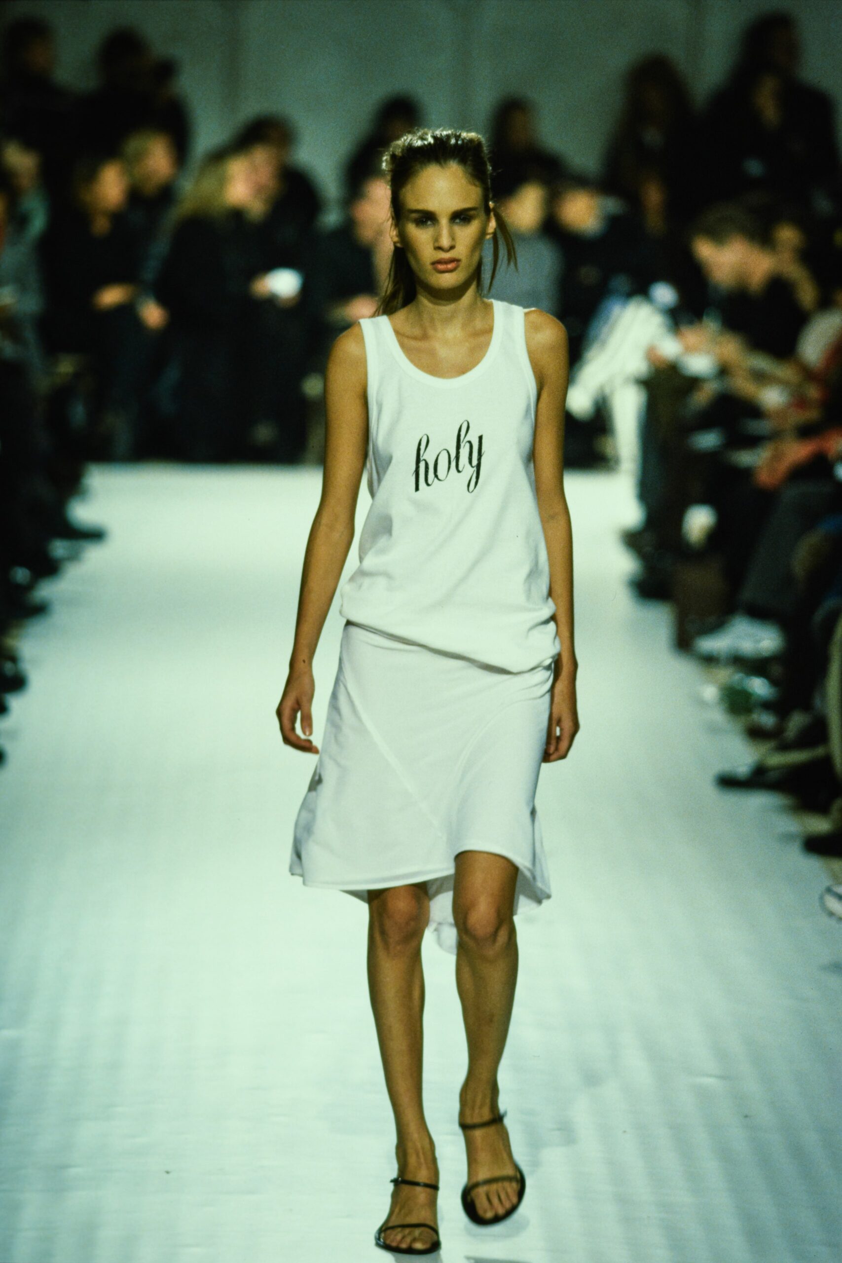 white asymmetric dress with black shoes