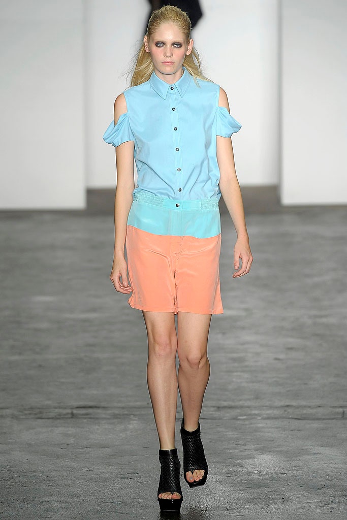blue and orange fitted shirt with cutout shoes