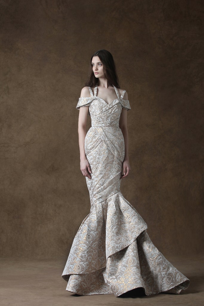 gold beige off-shoulder gown