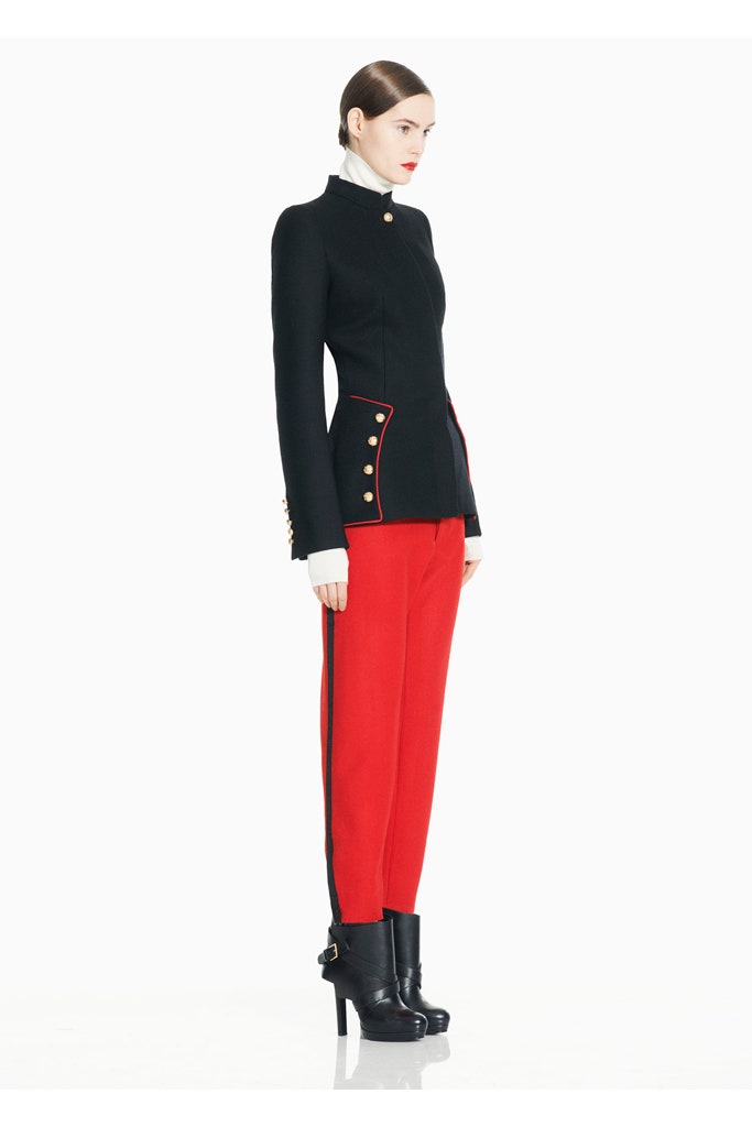black fitted jacket red tailored pants