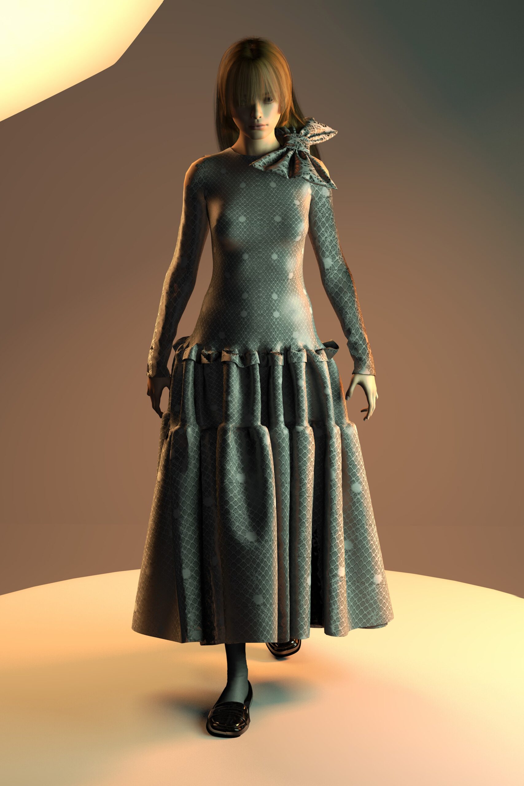 blue silk long-sleeve dress