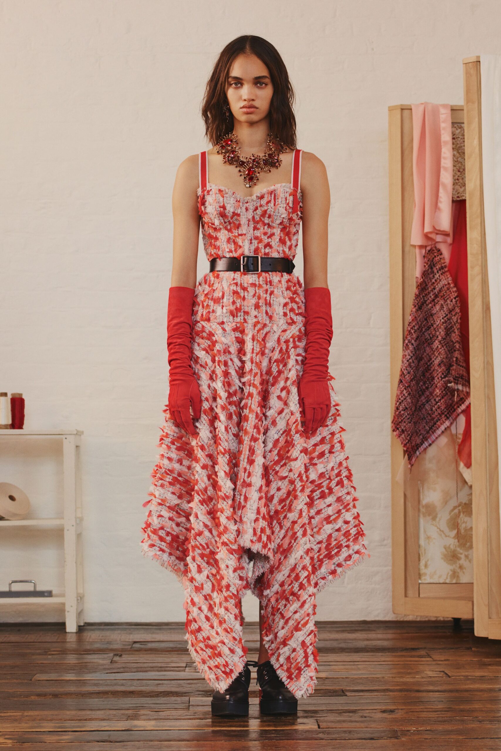 red and white fringed midi dress